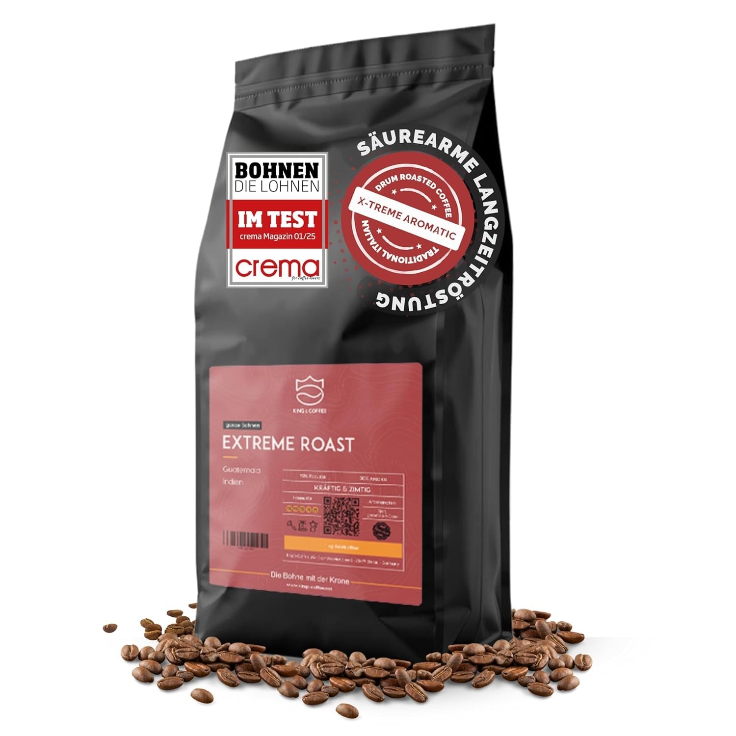 KING'S COFFEE - EKSTREM RISTE - Espresso Intenso bønner - meget lav surhedsgrad - lille batch ristning fra Italien - kaffebønner til fuldautomatiske maskiner og portafilter maskiner - 1 kg