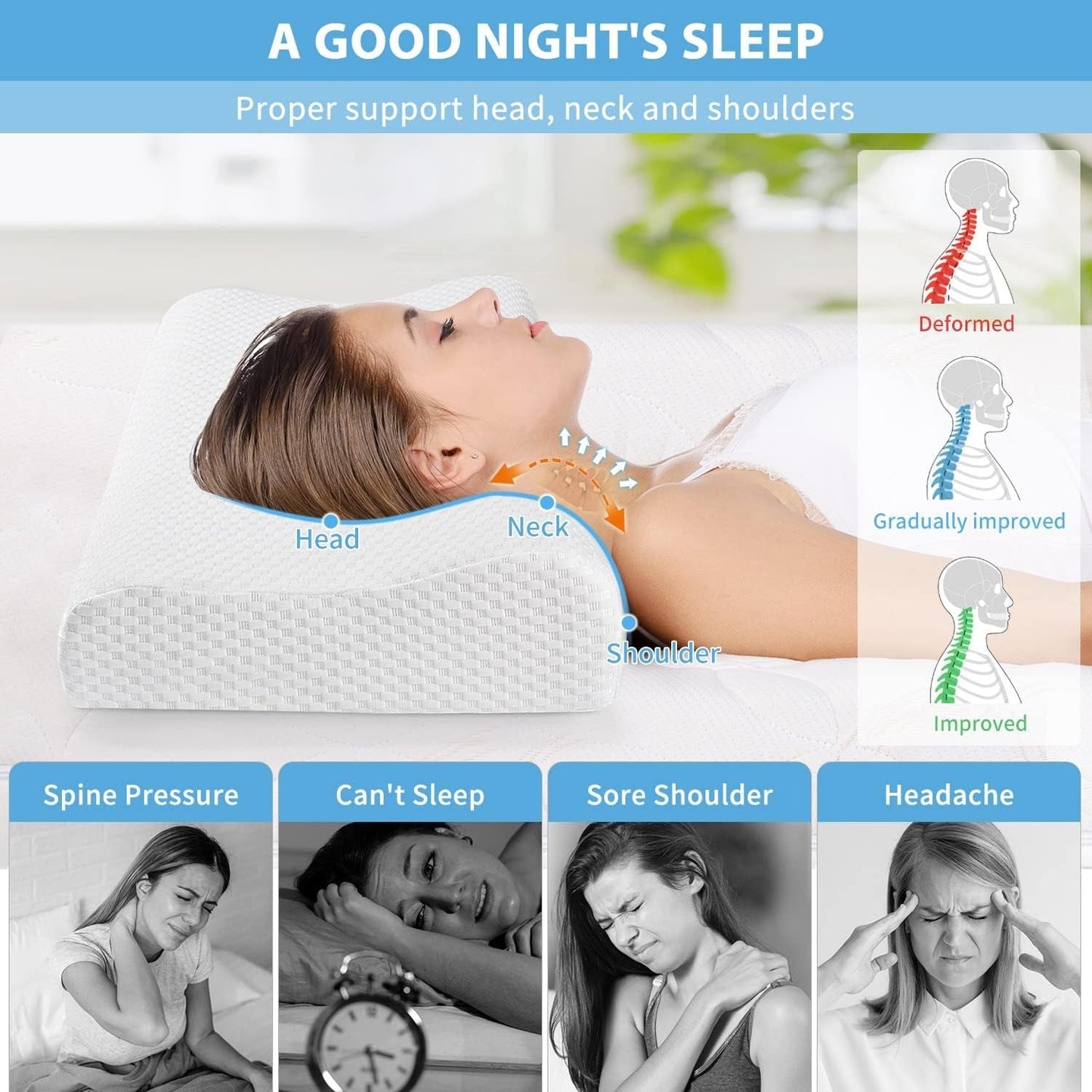 Findigit Health Pude, Memory Foam Pude, Ortopædisk nakkestøttepude til side- og rygsover, Ergonomisk cervikal rygsøjlepude (60 X 35 X 11/9 cm) Cervikal ortopædiske puder Naty Shop