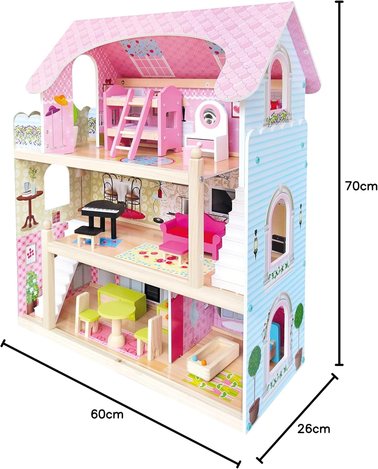 Bino World of Toys Dukkehus med altan, Legetøj til småbørn fra 3 år, med 3 etager, trapper, 4 værelser og altan inkl. 15-TLG. Tilbehør, For at fremme børns færdigheder, Pink design Naty Shop dukkehuse