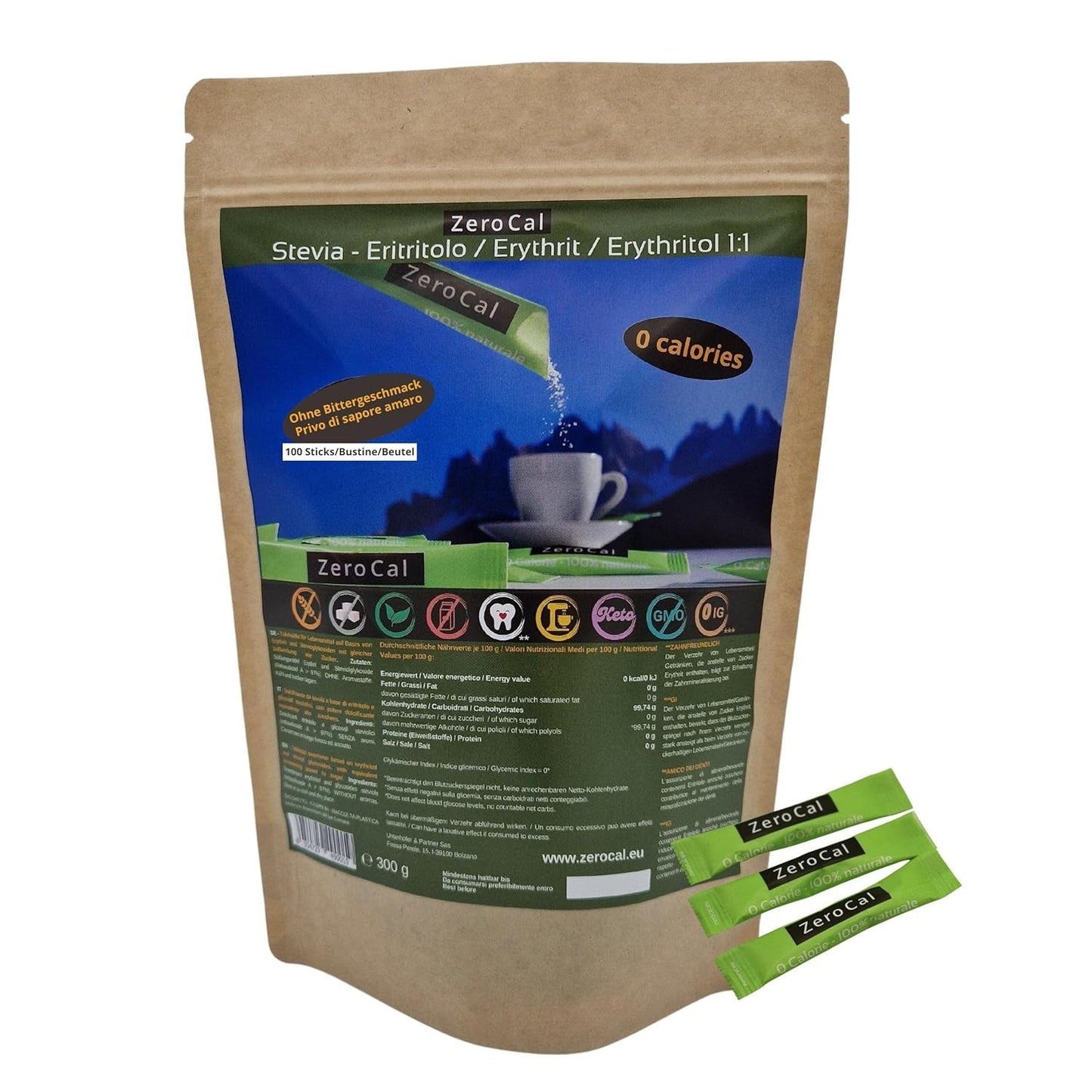 Zerocal - 1:1 (Erythritol + Stevia) 100 Sticks Je 3 G | Ideel til sødning af kaffe, te og andre drikkevarer Gleiche Süßkraft Von Zucker | Glutenfri, Vegansk, GMO-fri | Kalorien Und GI = 0 Sweeteners Naty Shop Standardtitel