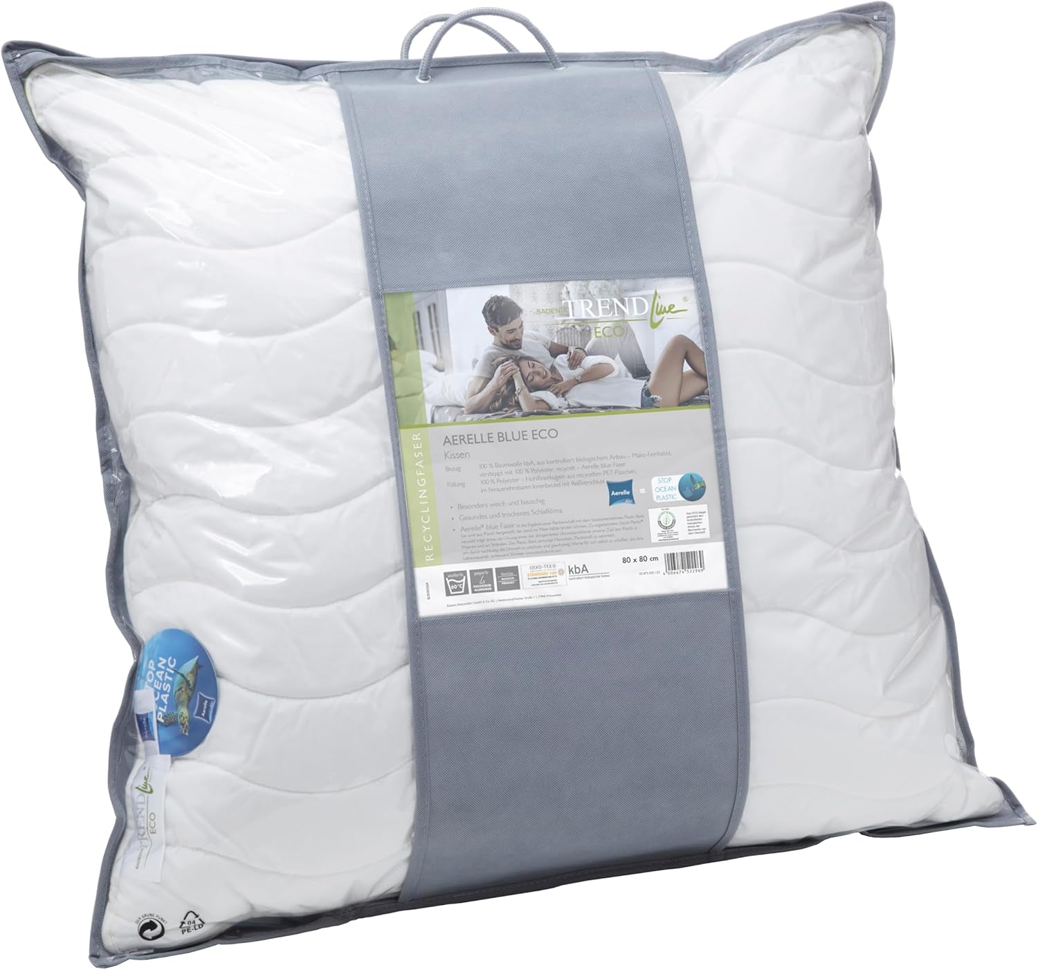Badenia Trendline Eco Pillow Aerelle Blue 80 X 80 Cm, hvid, Oeko-Tex certificeret, produceret efter den tyske kvalitetsstandard Naty Shop standard puder