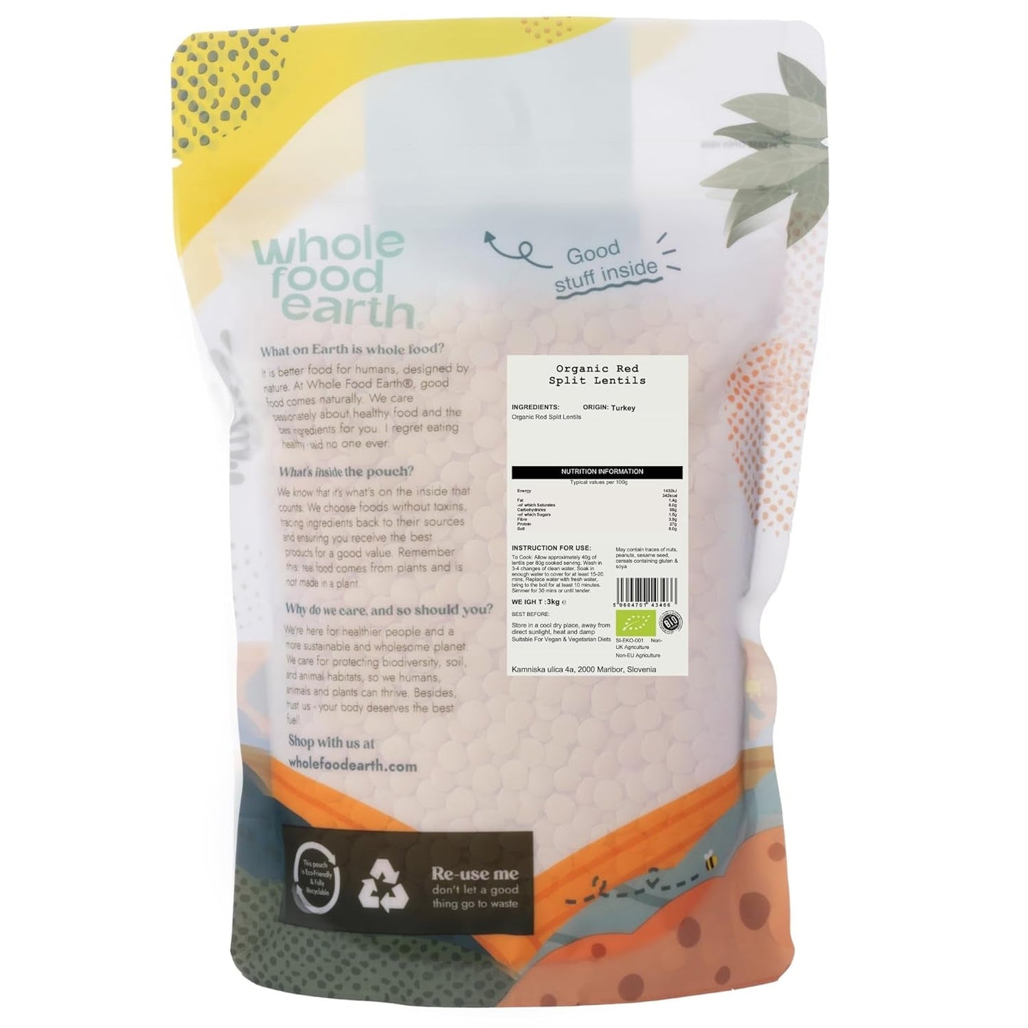 Wholefood Earth Økologiske Splittede Røde Linser 3 kg Ikke-GMO Vegansk Fiberrigt Højt proteinindhold fra certificeret økologisk landbrug