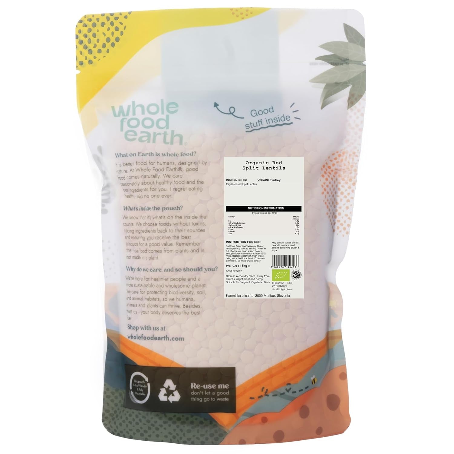 Wholefood Earth Økologiske Splittede Røde Linser 3 kg Ikke-GMO Vegansk Fiberrigt Højt proteinindhold fra certificeret økologisk landbrug