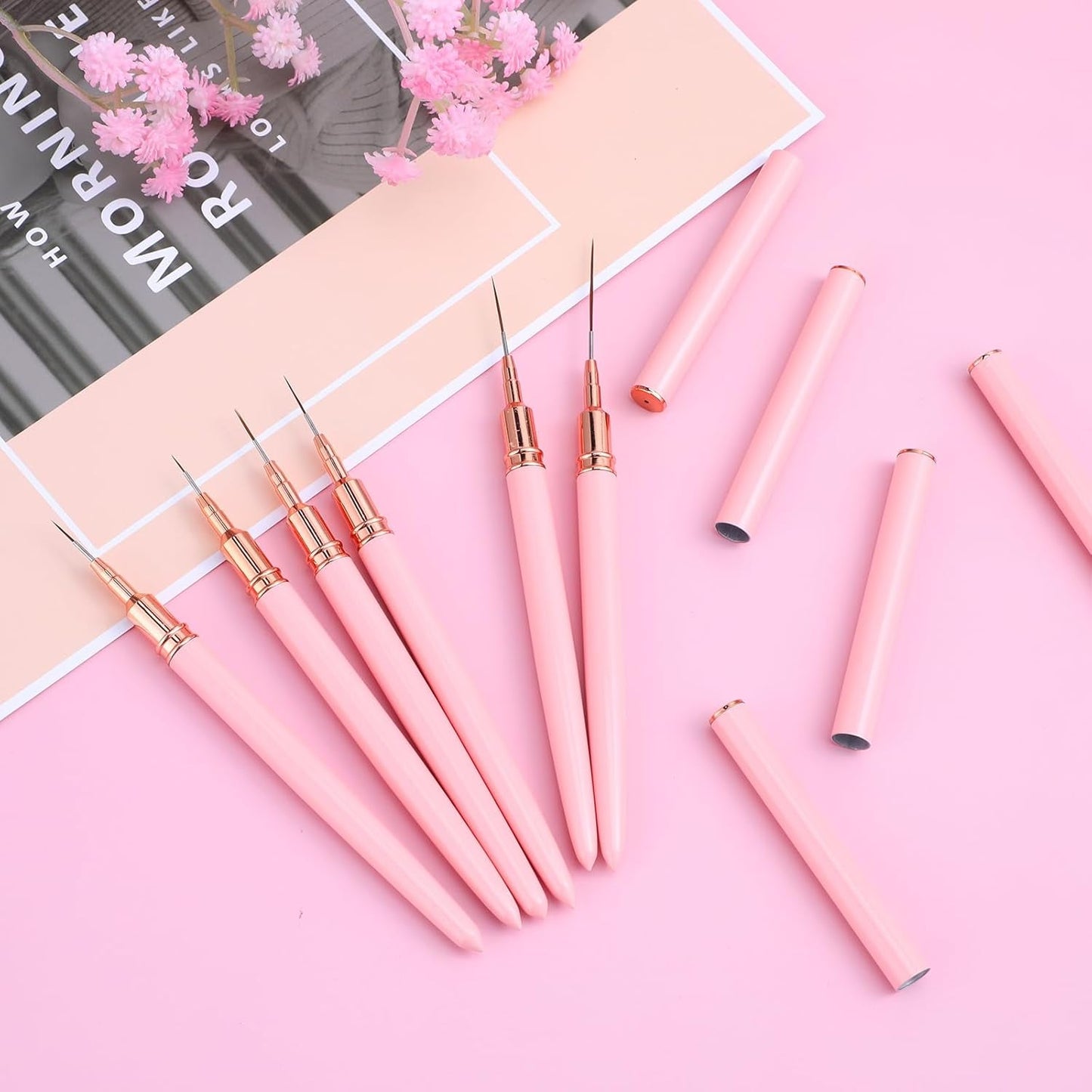 6 Stück Liner Nailart Pinsel Nageldesign Pinsel Sæt Dünn Acryl Nagelpunkt-Zeichenwerkzeug Nägel Dünne Nagelpinsel Sæt Für Lange Linien, Dünne Details, Feines Zichnen 5/7/9/11/15/25 Mm（Rosa）