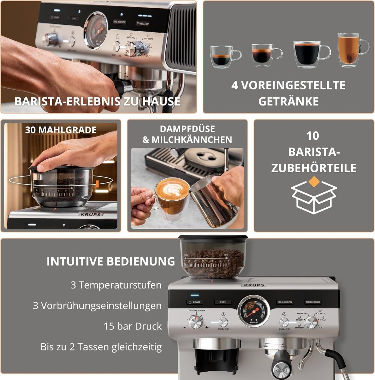 Krups Precision manuel espressomaskine med portafilter og kværn, barista kaffemaskine med intuitivt kontrolpanel, præ-infusionsindstillinger, espressomaskine med dampmundstykke, hurtig opvarmning, XP801T10