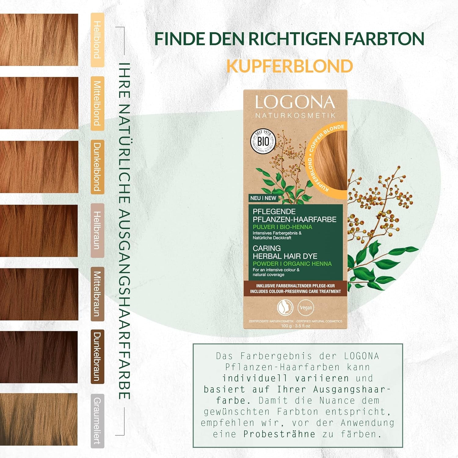 LOGONA Natural Cosmetics Urte nærende hårfarve, økologisk henna pulver vegansk hårfarve for intens farve og glans, urte hårfarve i kobberblond (blond), 1 x 100 g Naty Shop hårfarve
