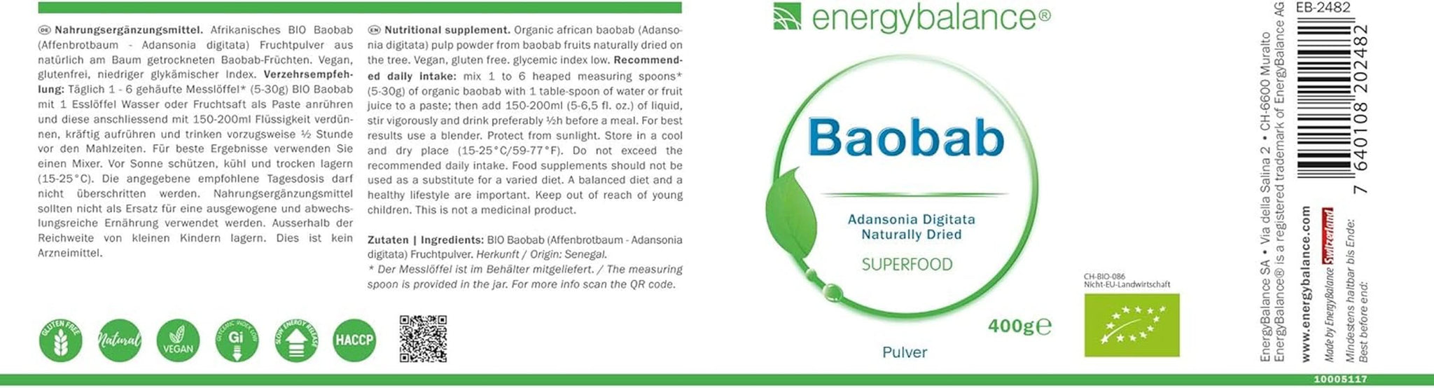 Baobab økologisk pulver - C-vitamin, calcium, magnesium, kalium, 400 gram Aromas Naty Shop