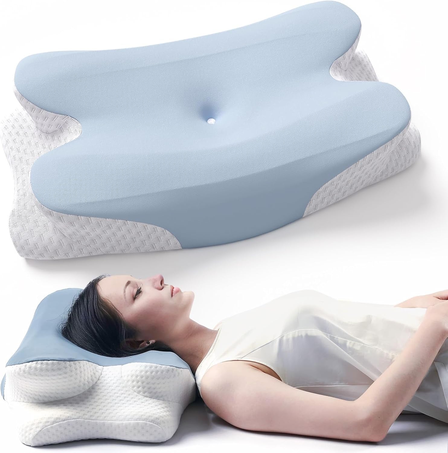 RUMMY Ergonomisk Memory Foam Nakkestøttepude med aftageligt vaskbart betræk til side- og mavesveller (grå) Cervikale ortopædiske puder Naty Shop Blue