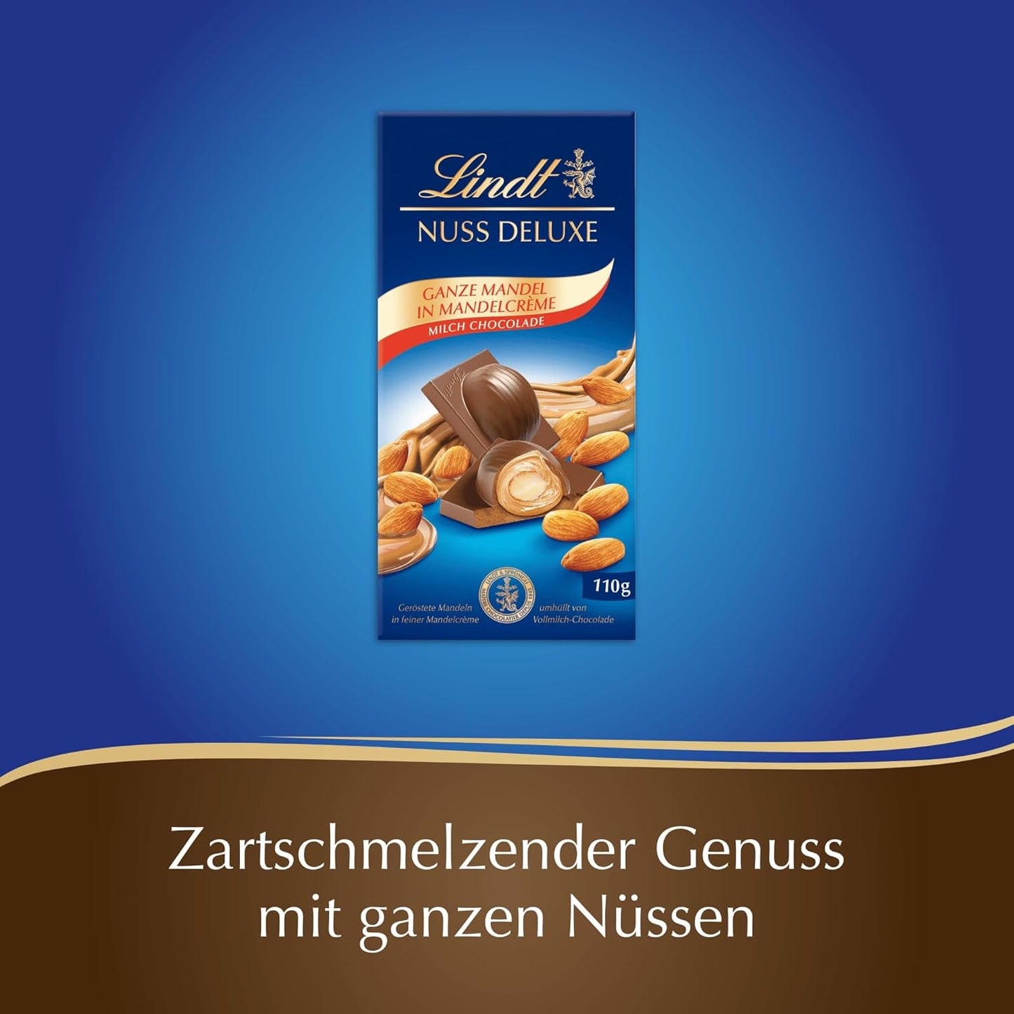 Lindt Chokolade | NUT DELUXE Chokoladebar med mælk og mandler | 110 g | Mælkechokolade med ristede mandler i en glat mandelcreme | Chokoladebar