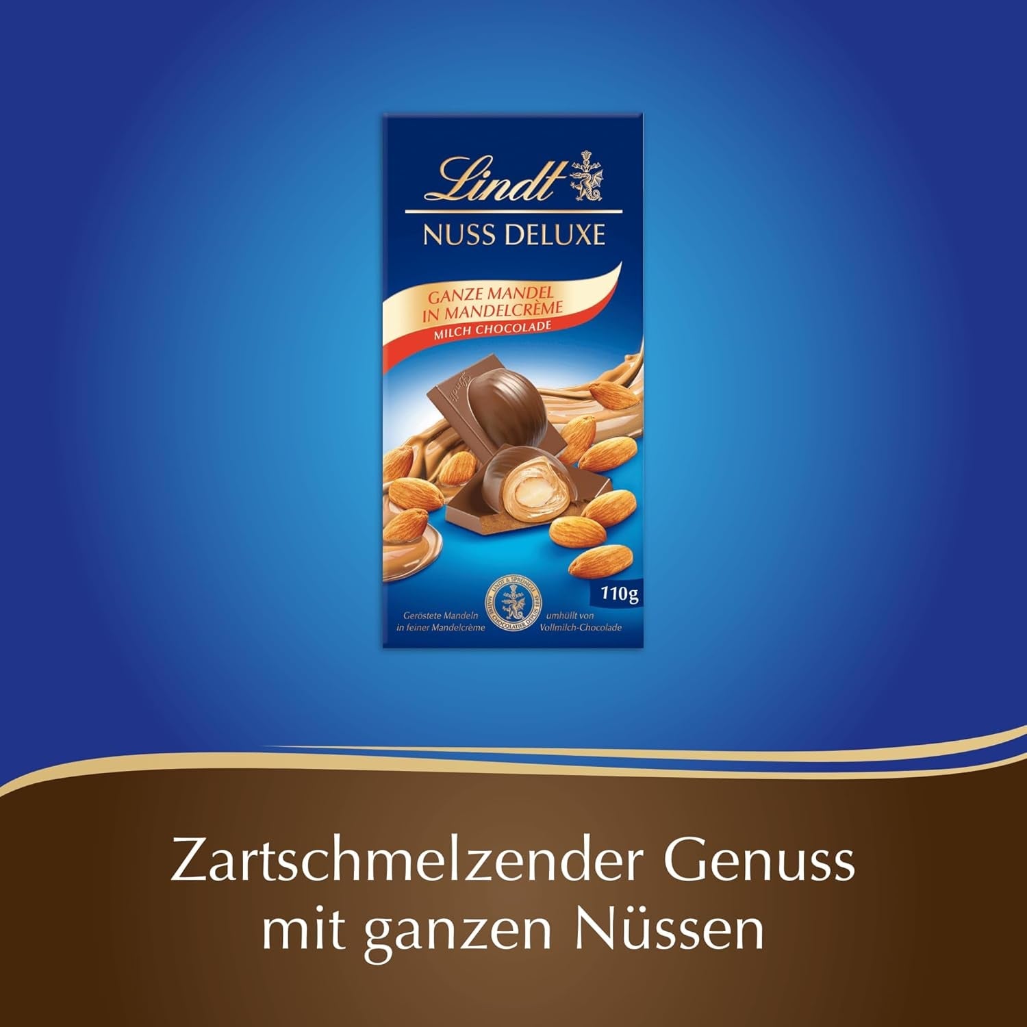 Lindt Chokolade | NUT DELUXE Chokoladebar med mælk og mandler | 110 g | Mælkechokolade med ristede mandler i en glat mandelcreme | Chokoladebar
