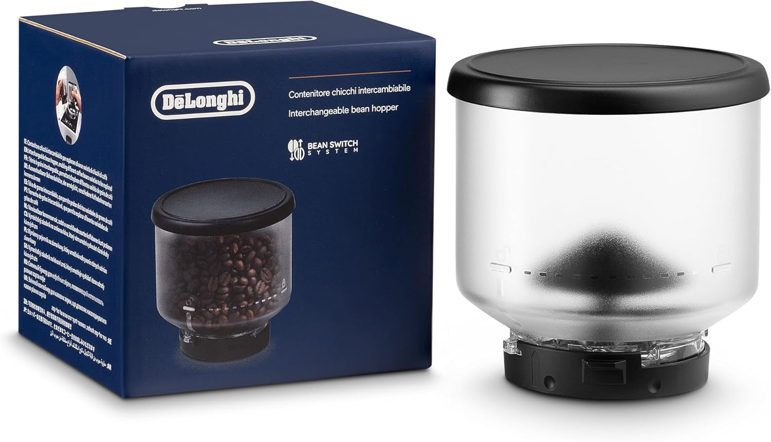 De'Longhi DLSC403 bønnebeholder, udskiftelig bønnebeholder til De'Longhi Rivelia automatisk kaffemaskine, inkl. 250 g kaffebønner, sort låg