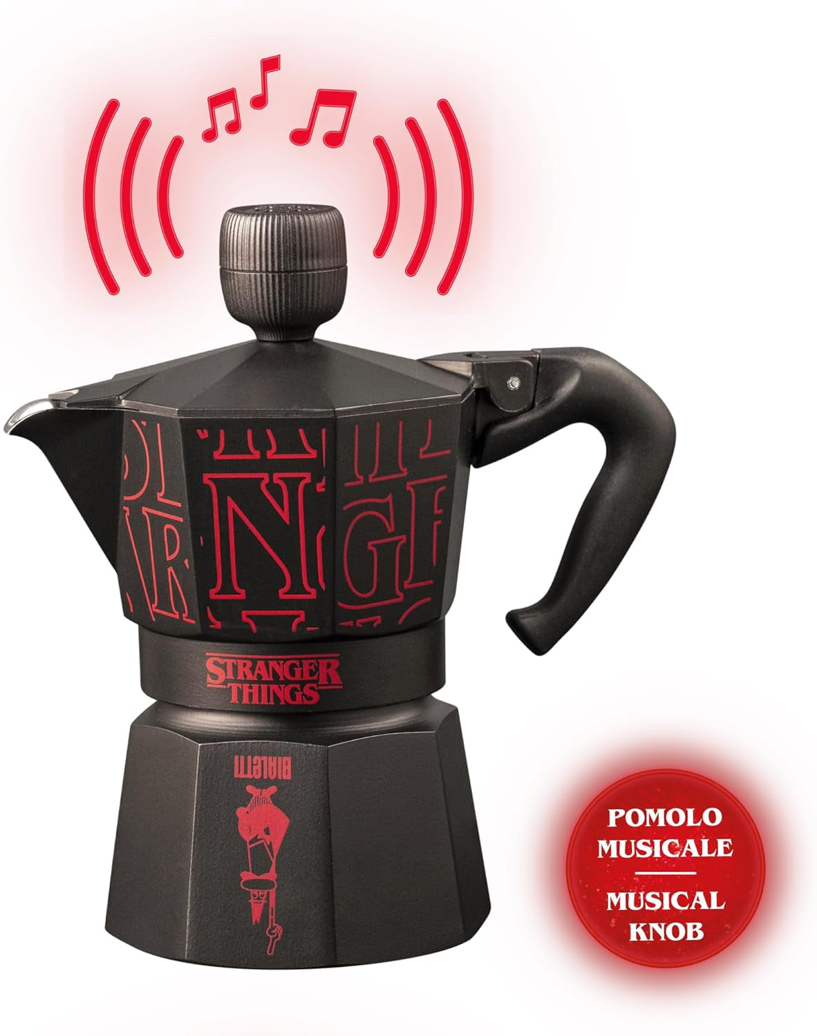Bialetti Moka Express Stranger Things 3-kopps kaffemaskine, Musikknap med USB-C opladningsfunktion, Ikke egnet til induktionskogeplader, 3 kopper (130 ml), Sort