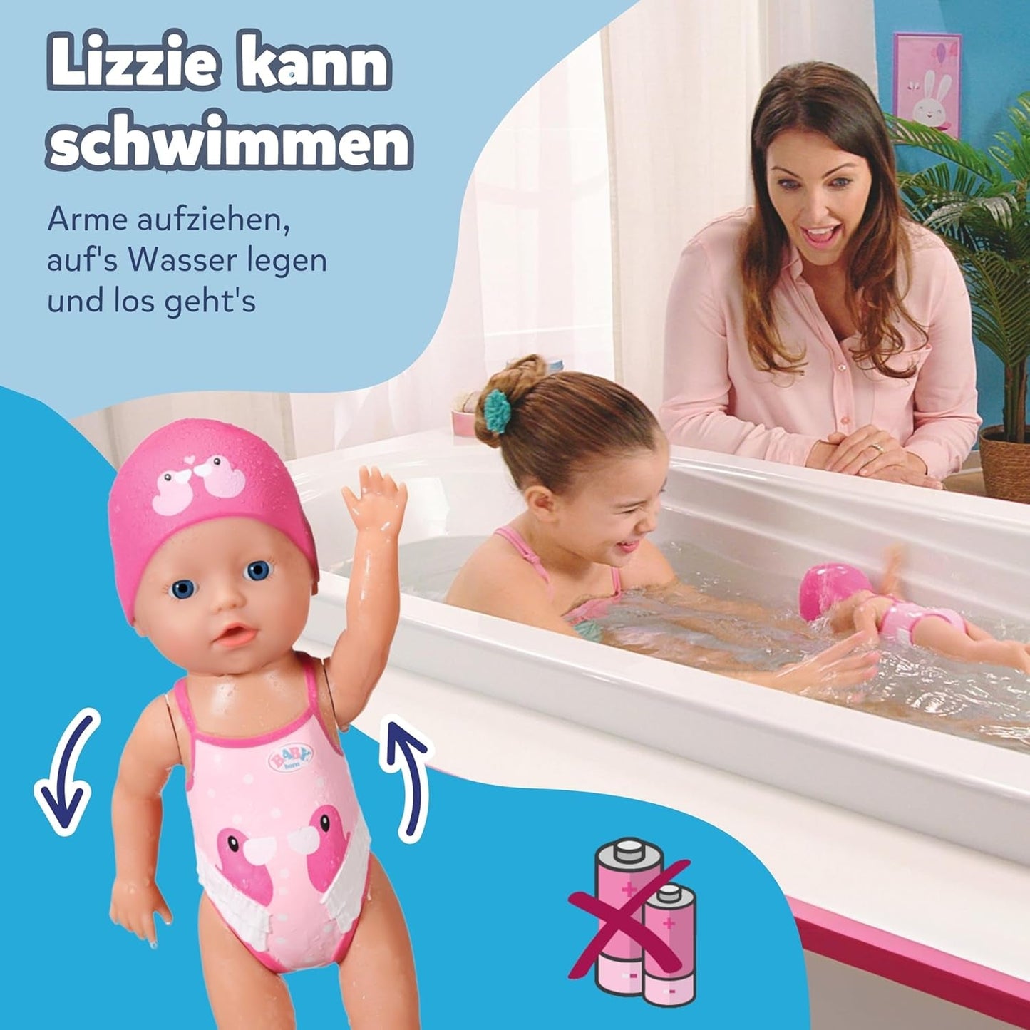 BABY Born My First Swimmer Girl - 30 cm Dukke - Badedukke med drejemekanisme, Vandtæt - Virker uden batterier - Velegnet til børn fra 1 år og derover