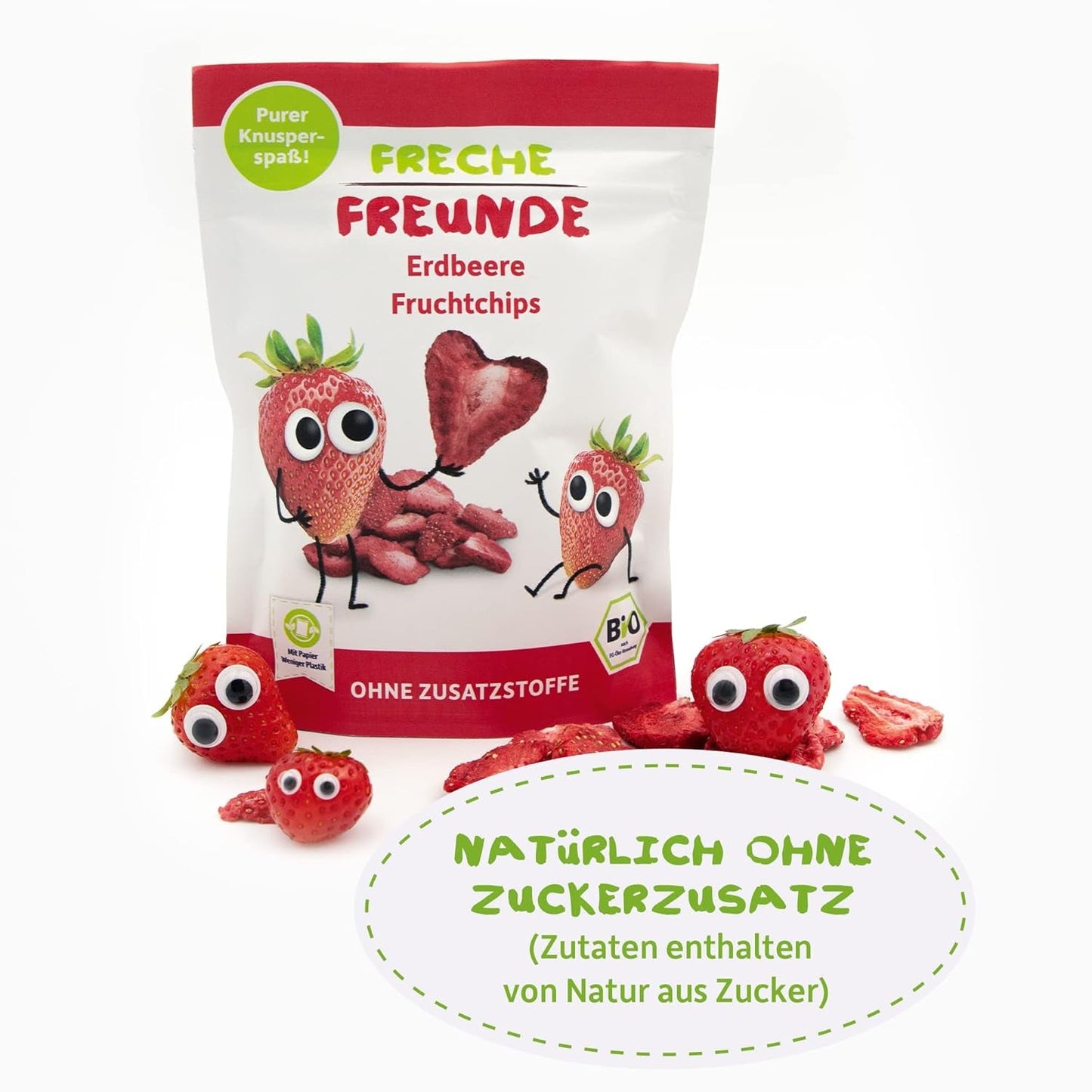 FRECHE FREUNDE Økologiske jordbærfrugtchips, frysetørrede frugtchips, naturligt skåret tørret frugt uden tilsat sukker, vegansk, laktosefri, glutenfri, pakke med 12 (12 x 12g)