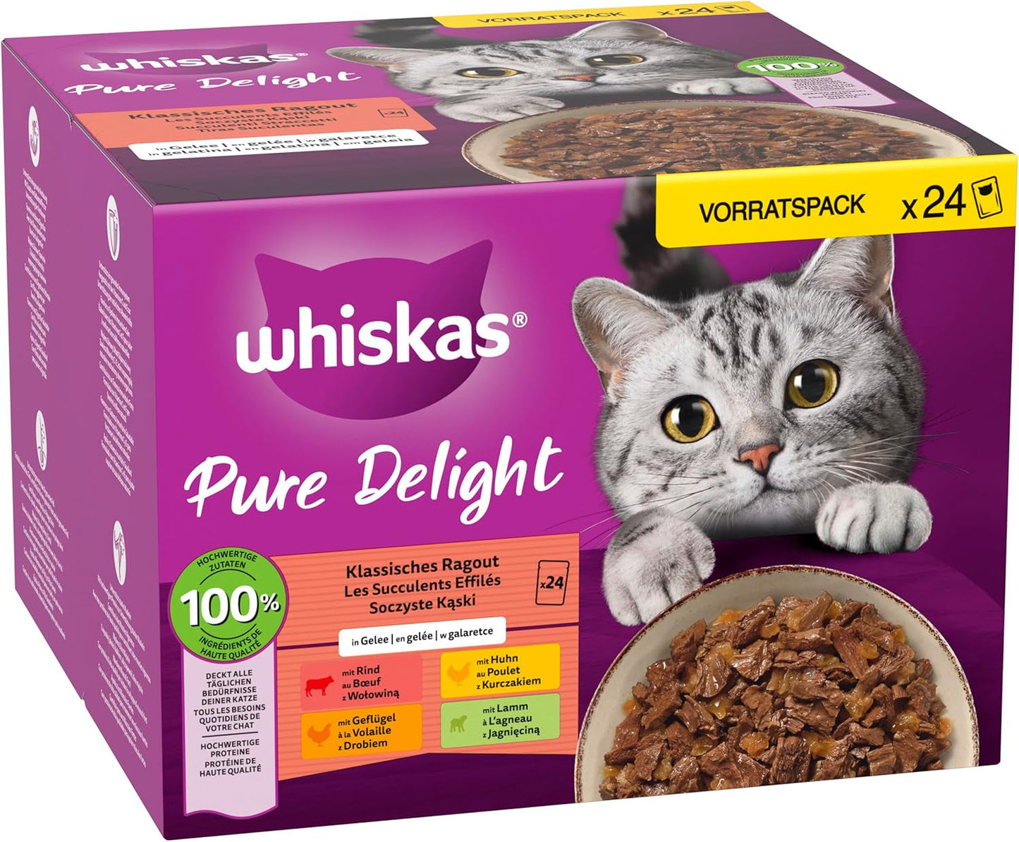WHISKAS PURE DELIGHT Vådfoder i gelé 24 x 85g Classic Ragout (4 pakker) 48 portionsposer