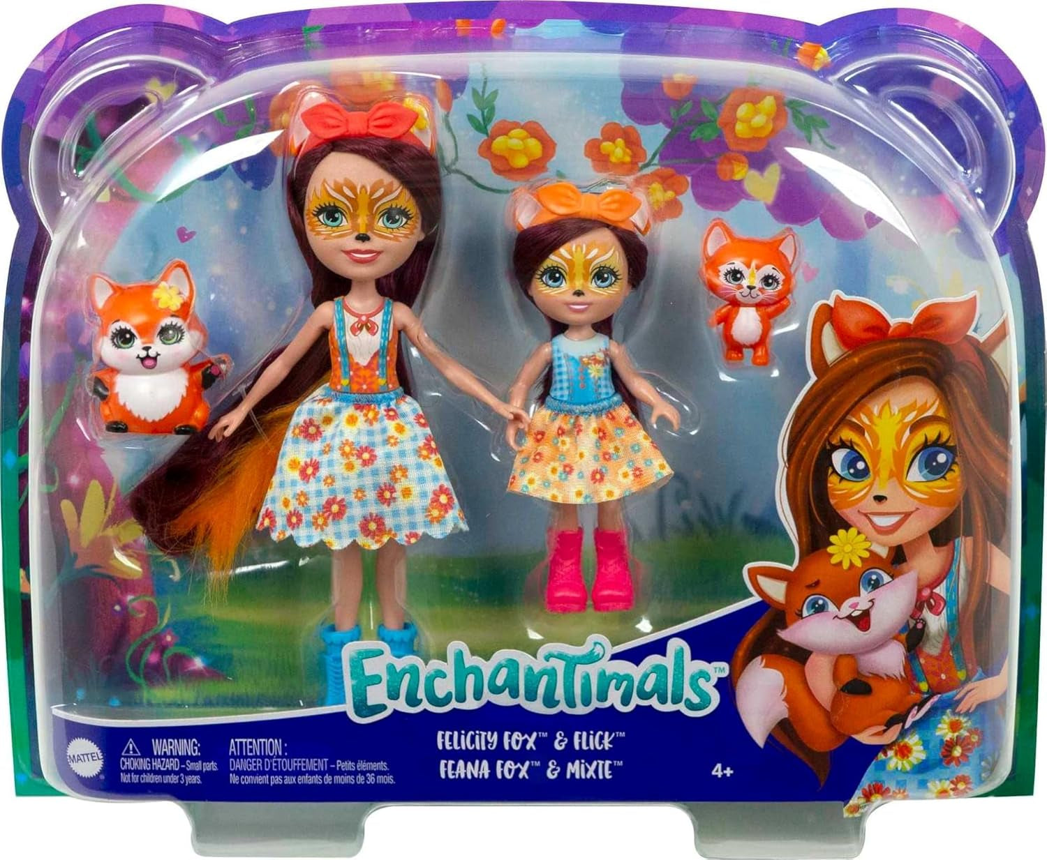 Enchantimals HCF81 - Felicity Fox og hendes lillesøster (ca. 15cm og ca. 10cm) og 2 dyrefigurer, aftagelig nederdel og tilbehør, fantastisk gave til børn fra 3 år og opefter