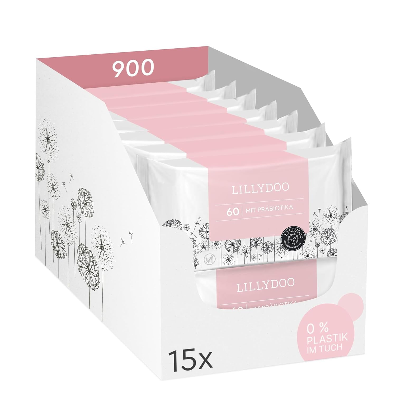 LILLYDOO grønne vådservietter, 600 count (10 x 60), 100 % plastfri rivefast serviet - Parfumefri, skånsom og naturlig, skånsom rensning til følsom hud, dermatologisk testet