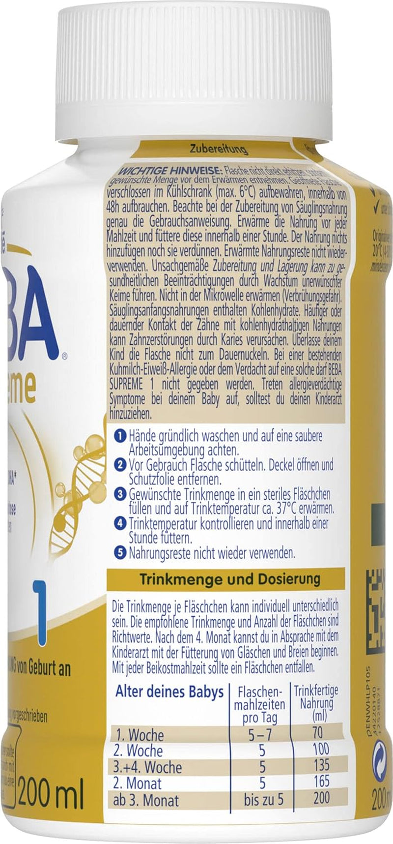 BEBA Nestlé BEBA SUPREME 1 Modermælkserstatning: Drikkeklare flasker med Omega 3, 1 pakke (1 x 200 ml)