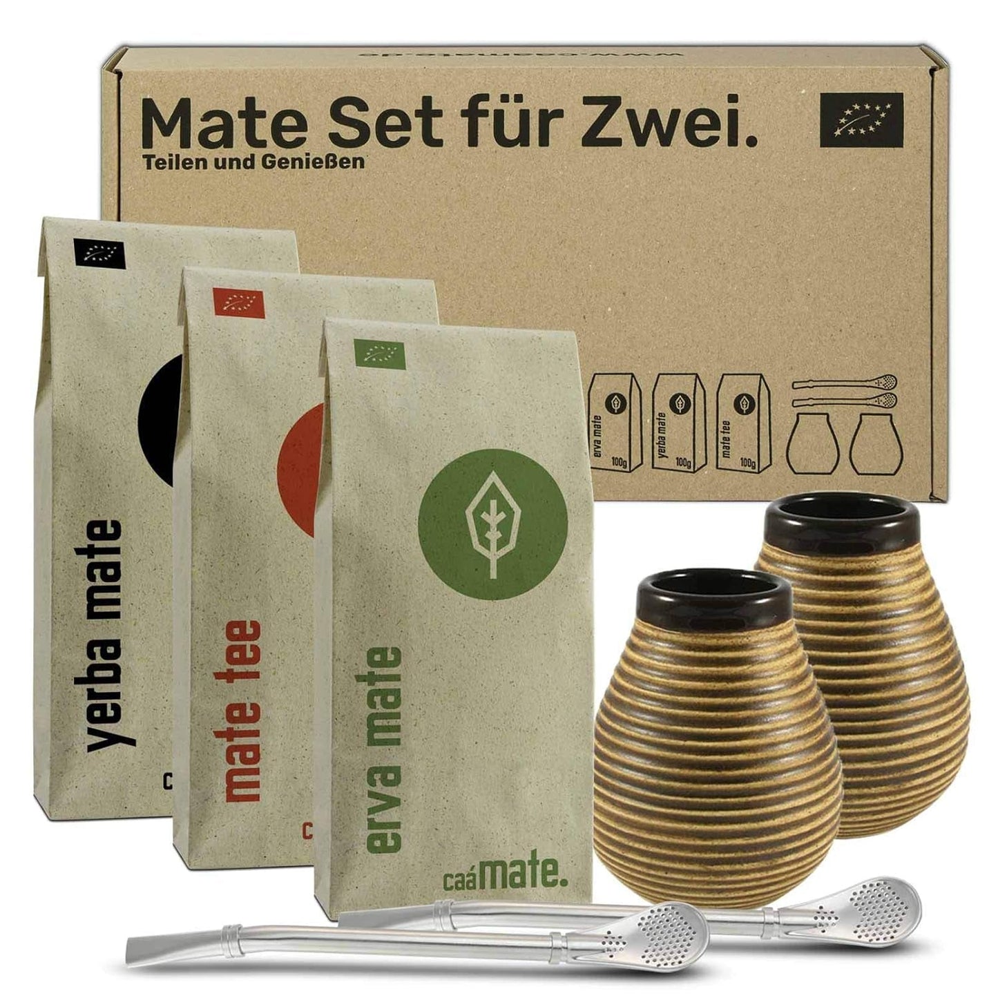 Mate tesæt til to, økologisk ● 2 Mate kopper + 2 bombillas + 300 g Mate te + forberedelsesvejledning