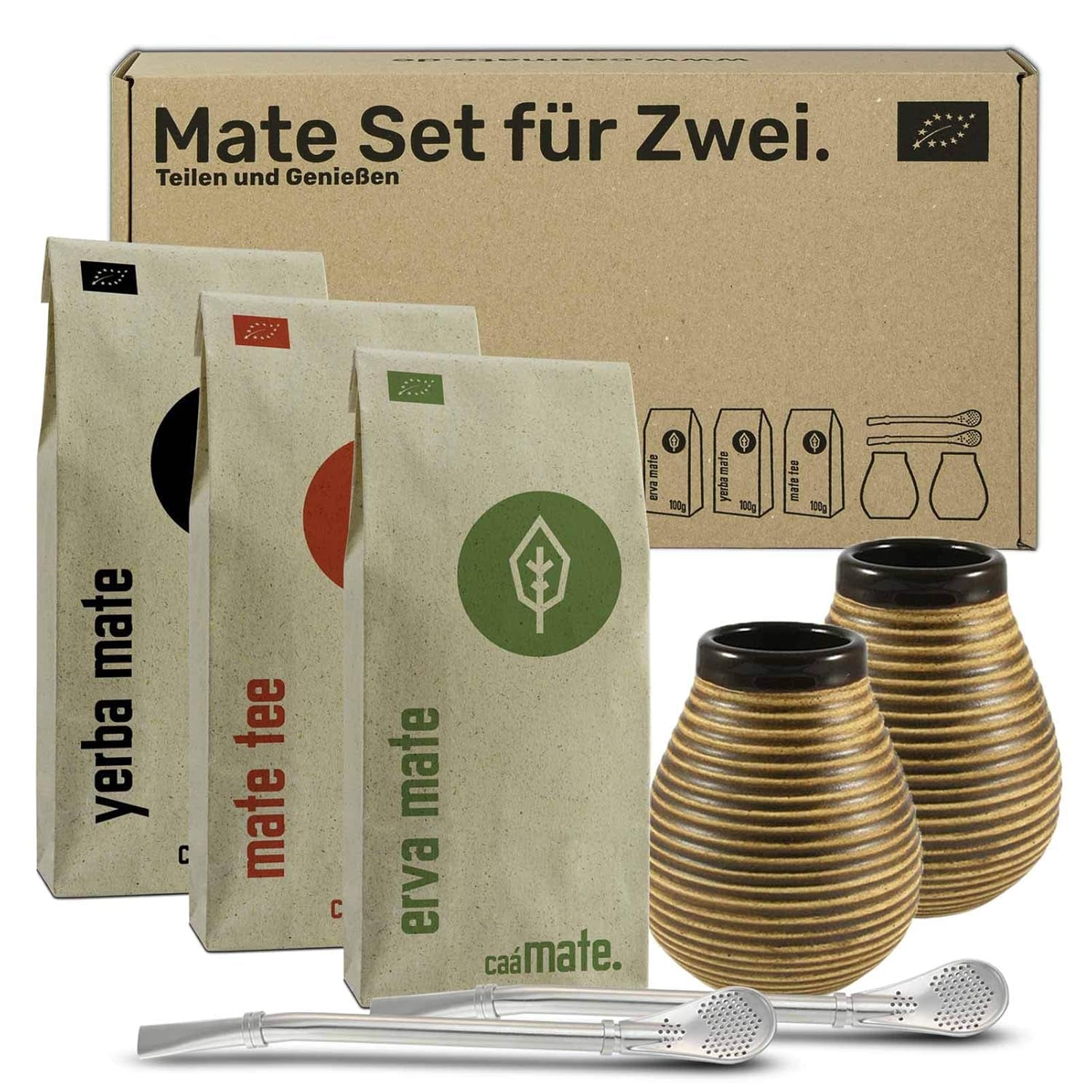 Mate tesæt til to, økologisk ● 2 Mate kopper + 2 bombillas + 300 g Mate te + forberedelsesvejledning