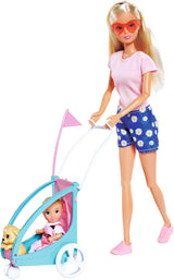 Steffi Love Bike Trailer, Dukke på cykel med trailer til baby, hund og hovedtelefoner, 3 år og opefter