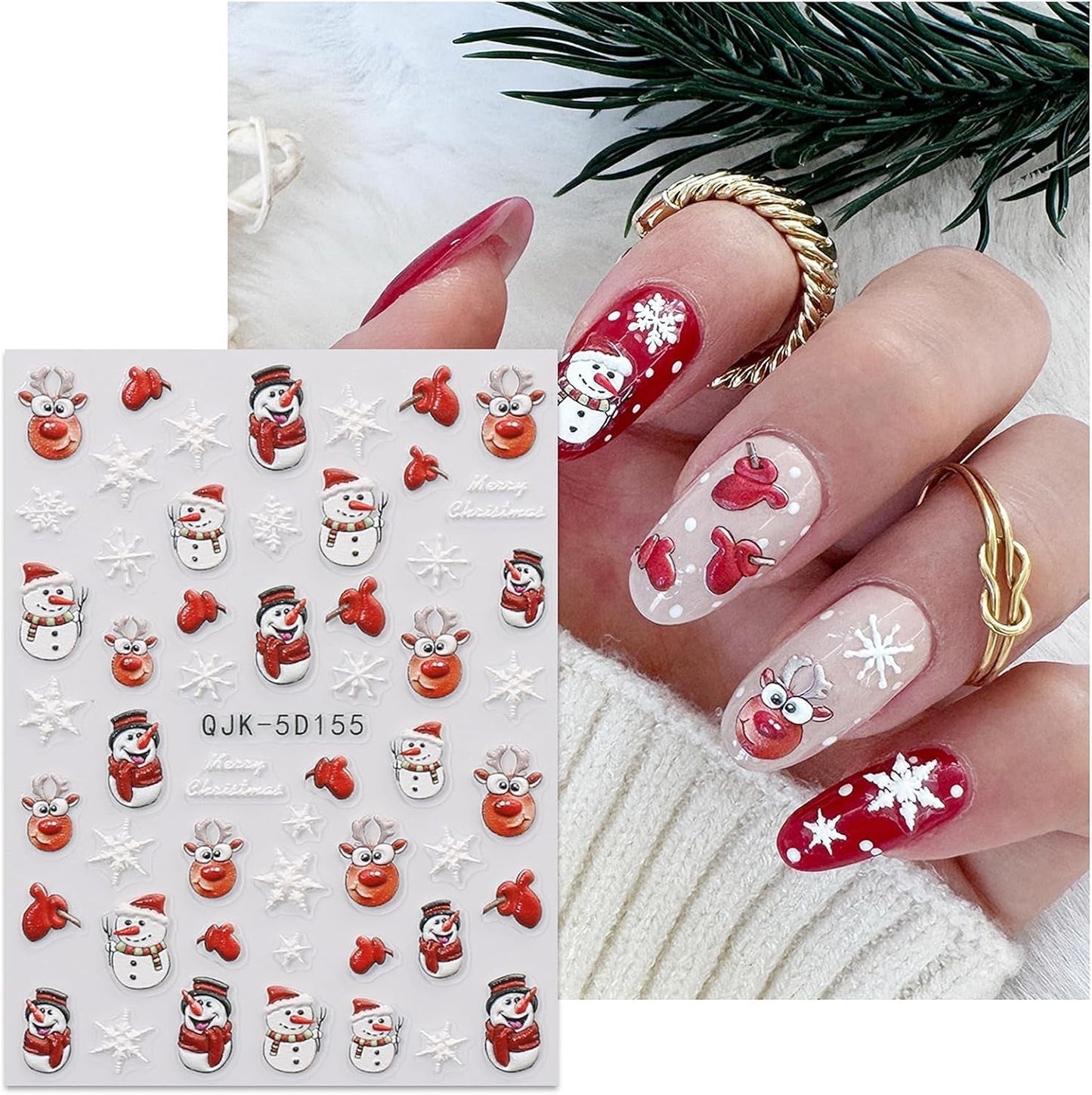 JMEOWIO 3D Nagelsticker Weihnachten Nail Art Sticker Selbstklebend Nagelaufkleber 5D Stereoskopisk Schneeflocke Xmas Winterurlaub Niedlich Dekoration Nageldesign Zubehör 4 Blatt