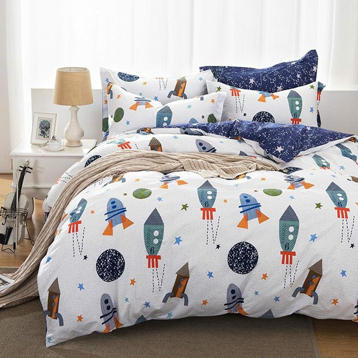 Børnesengetøj, raketter og planeter, vendbart design, bomuld Sengetøj - børn Naty Shop 155X220Cm + 50X75Cm