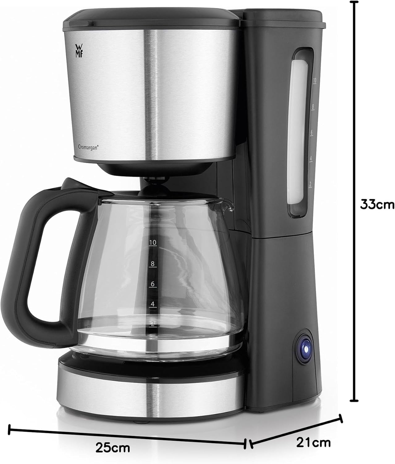 WMF Bueno espressomaskine med glaskaraffel, filterkaffe, 10 kopper, tænd/sluk-knap, anti-drypsystem, oscillerende filter, automatisk stop, varmeplade, 1000W