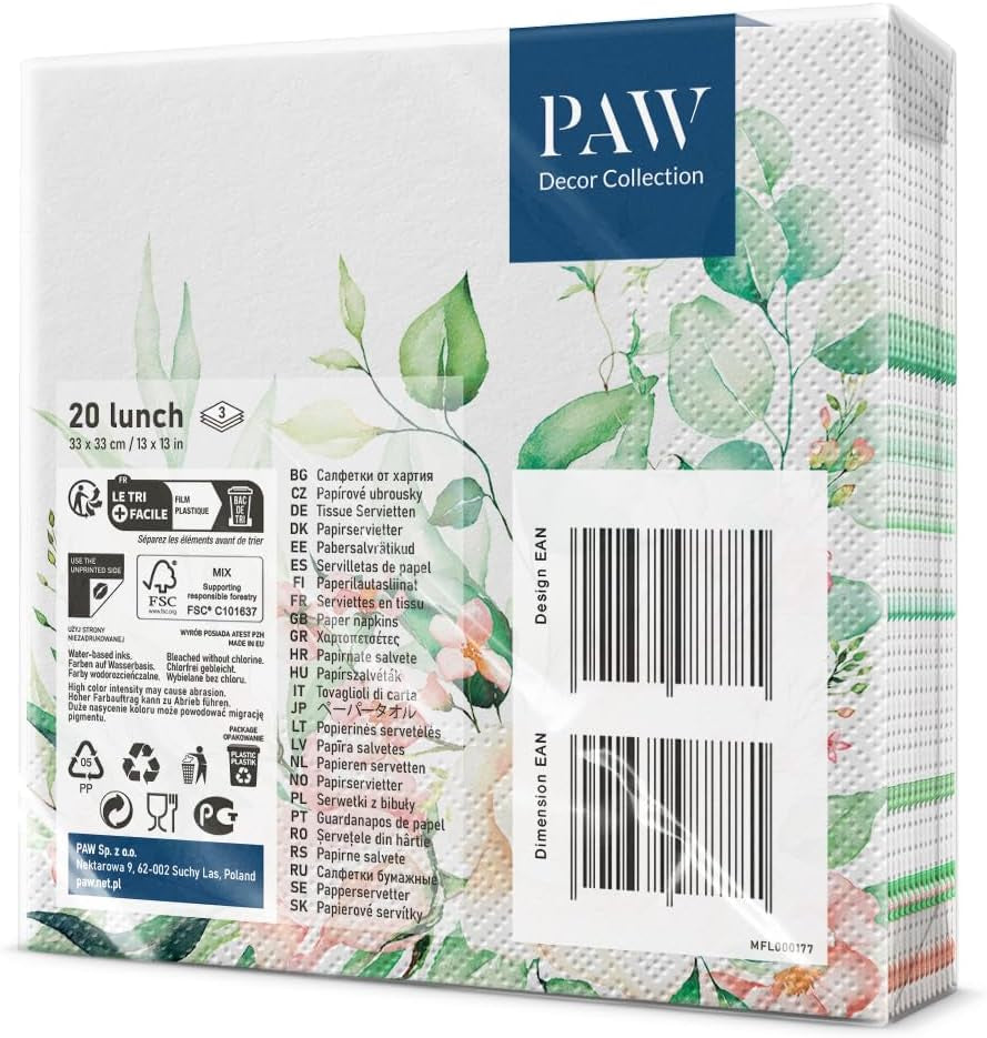 PAW - 3-lags servietter (33 X 33 cm) I 20 stykker I Perfekt til fødselsdage, fester, bryllupper, nadver og helligdage I Farvede papirservietter - blomster, roser I Farve: Blomsterøjeblikke (pakke med 2)