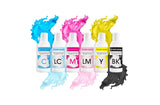 Madfarvesæt med spiselig blæk til plottere 6 x 100 ml | Lys cyan | Cyan | Lys magenta | | Magenta | Gul | Sort | Spiselig tryk, wafer papir trykning, dekorativ kage topping