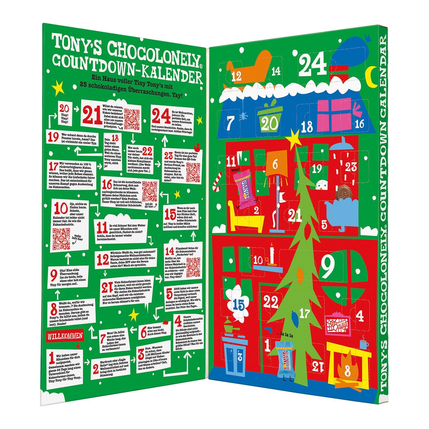 Tony's Chocolonely Fairtrade belgisk chokolade adventskalender - 24 dage, 10 lækre varianter