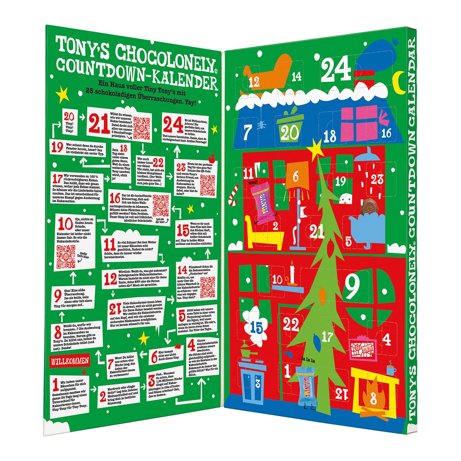 Tony's Chocolonely Fairtrade belgisk chokolade adventskalender - 24 dage, 10 lækre varianter