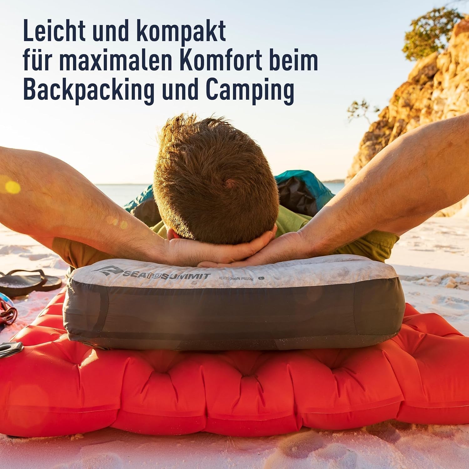 Sea to Summit - Eros dunrejsepude L - Ultralet og oppustelig - 10D materiale - Premium dunpude - Skridsikker - Til vandring og camping - 42 X 28 X 12 Cm - Grå - 95 G Naty Shop rejsepuder