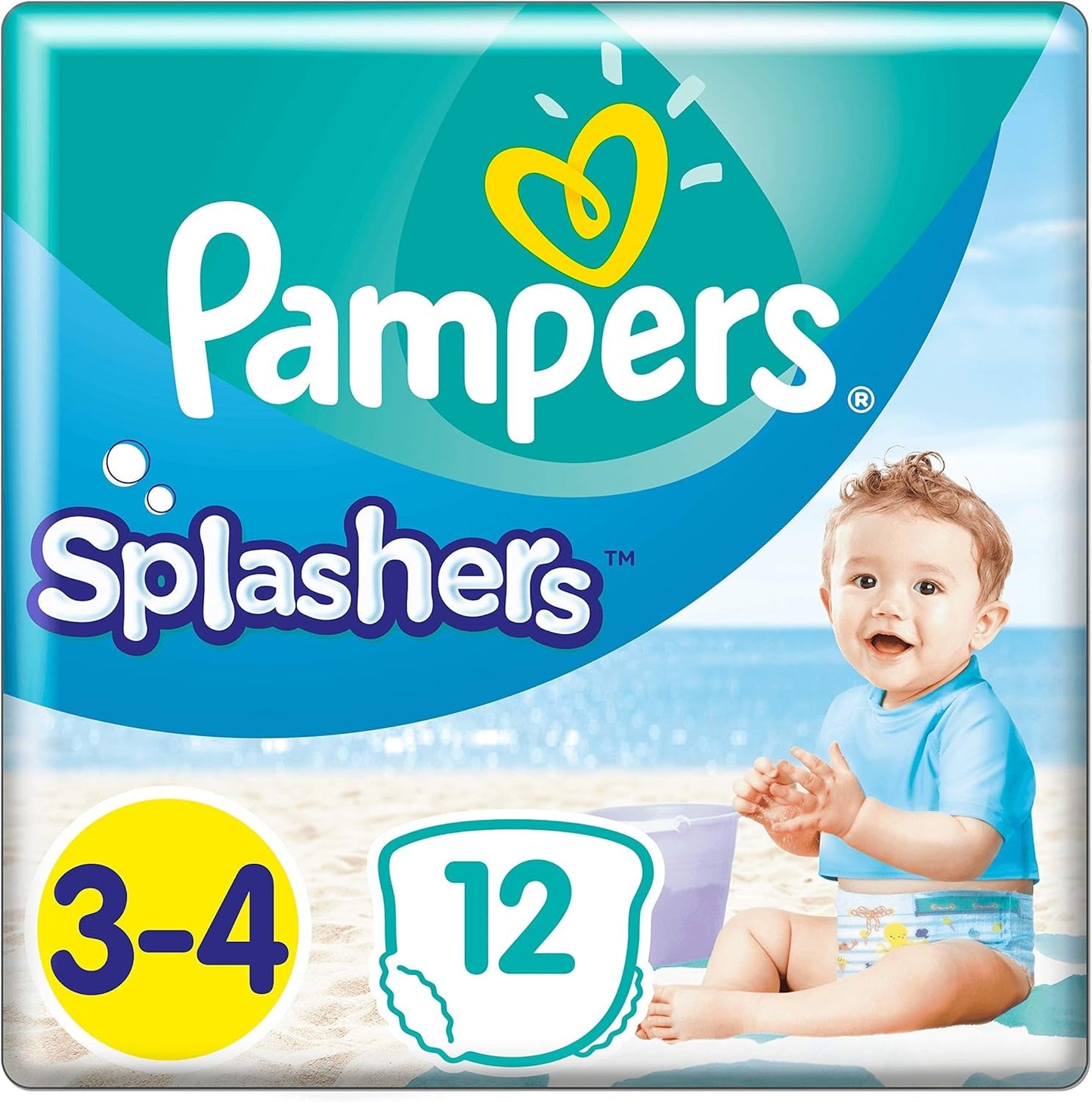 Pampers (gammel version), Splashers engangsbadeshorts - størrelse 5/6 (14 kg+) - Æske med 8 pakker med 10 stk.