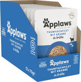 Applaws 100% naturlig Nassfutter für Katzen, Thunfischfilet mit Krabben in Brühe - Packung mit 12 x 70g Beuteln
