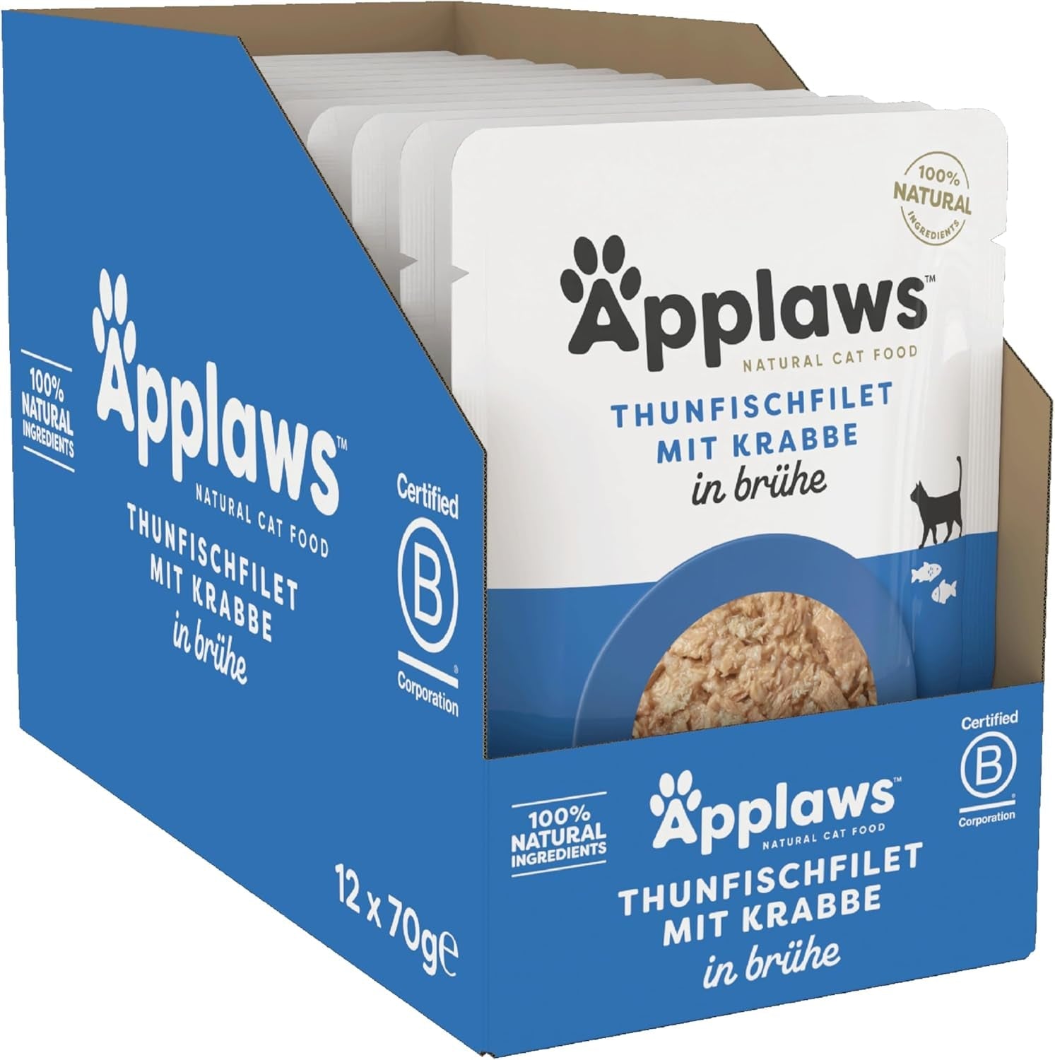 Applaws 100% naturlig Nassfutter für Katzen, Thunfischfilet mit Krabben in Brühe - Packung mit 12 x 70g Beuteln