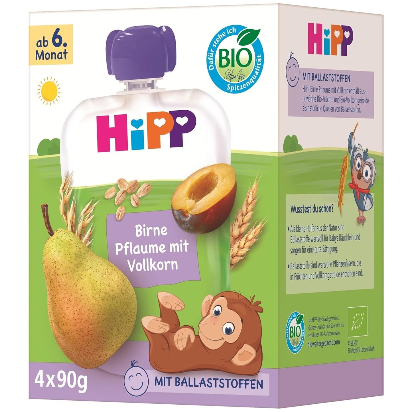 HiPP Økologiske pære- og blommeposer, fuldkorn, 16 stykker (4 pakker á 4 x 90 g hver), til babyer fra 6 måneder, uden tilsat sukker, vegansk, bedste økologiske kvalitet