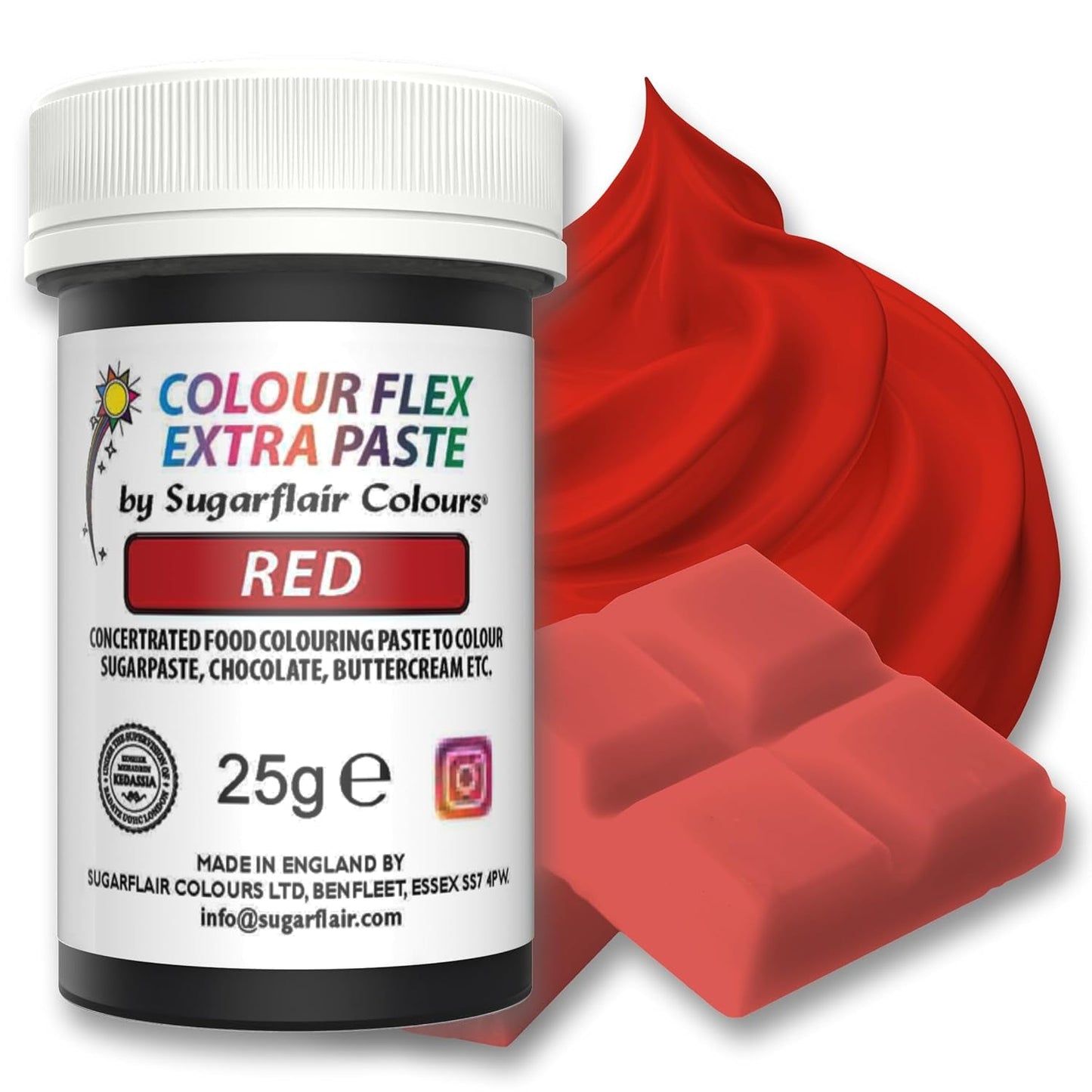 Sugarflair Colourflex Extra Paste madfarve, rød - Spiselig madfarve til smørcreme, chokolade, sukkerpasta, glasur, fondant, kageblandinger, dej og mere - 25g