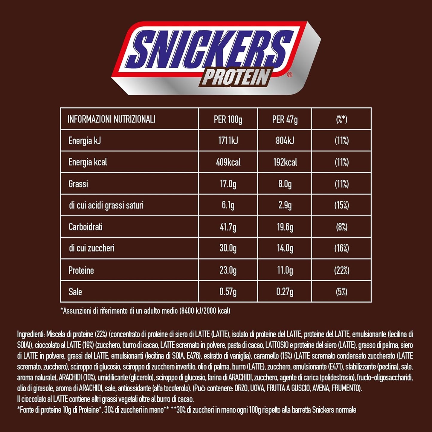 Snickers proteinbarer med chokolade - rig smag med hasselnøddekaramel og nougat, bulkpakke 18x47g