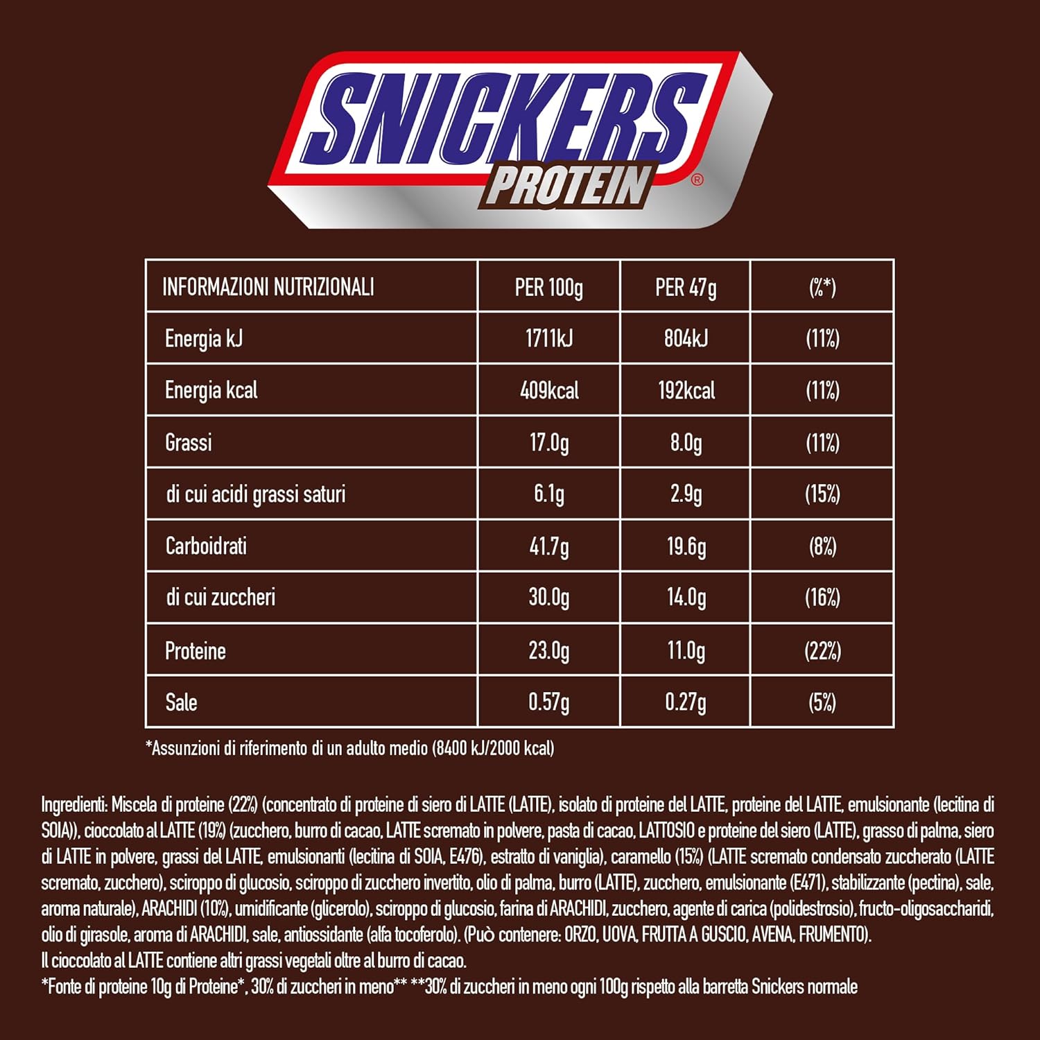 Snickers proteinbarer med chokolade - rig smag med hasselnøddekaramel og nougat, bulkpakke 18x47g