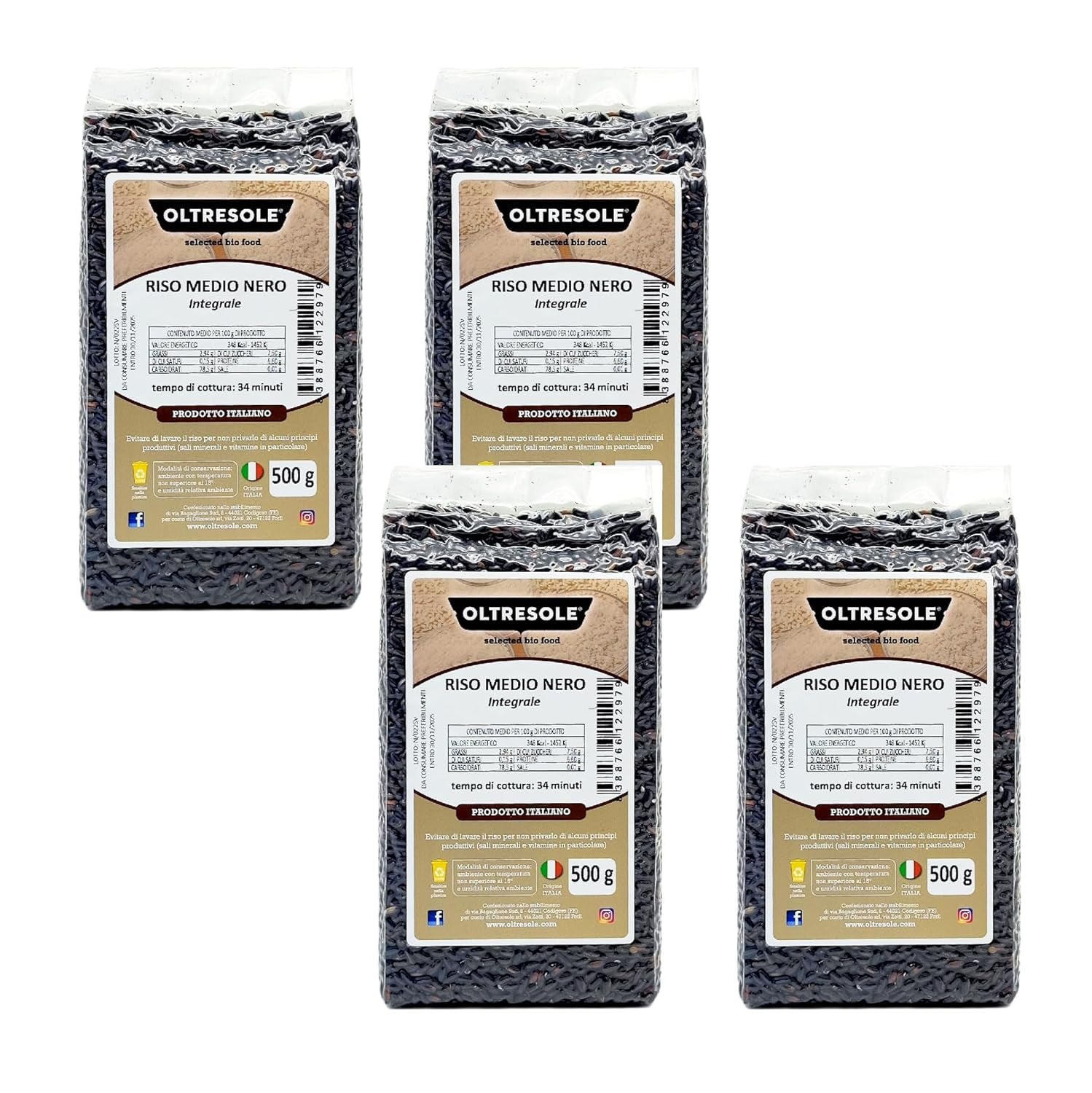 Italiensk fuldkornsris, fiberrig uraffineret ris, ideel til kreative rissalater og sunde retter, vakuumpakket, 4 pakker x 500 g