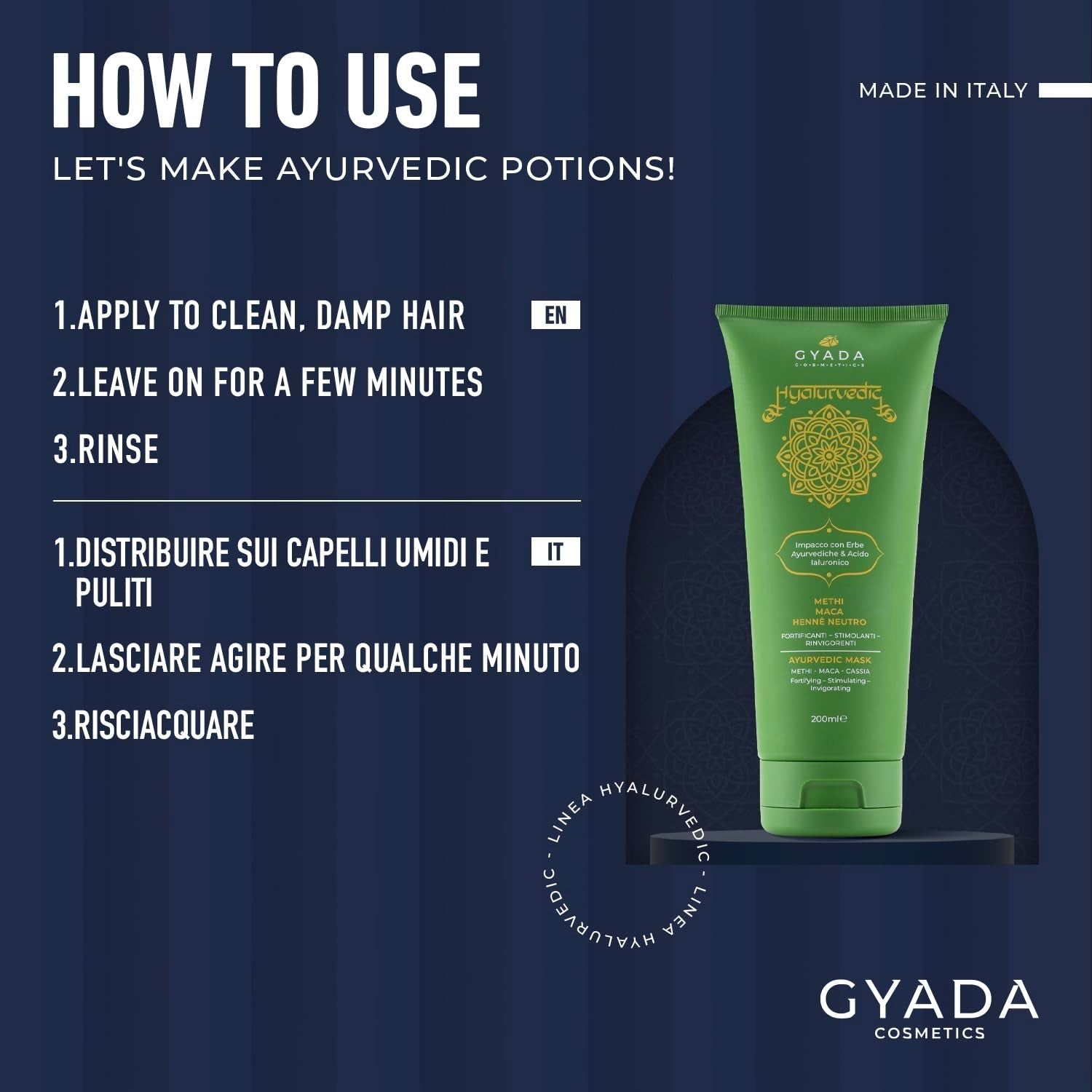 GYADA COSMETICS, hyalurvedisk styrkende ayurvedisk kompres, professionel behandling til fint og svagt hår, anti-frizz med methi, Maca, neutral henna, 200 ml Naty Shop hårmaske