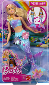 Barbie Meerjungfrauen-Spielzeug Puppe mit magischer Überraschungs Blüte, Schwanzflosse mit Farbverlauf, perlenbesetzten Haarreif og lange blonde Haar med rosa Strehchen, JDM72