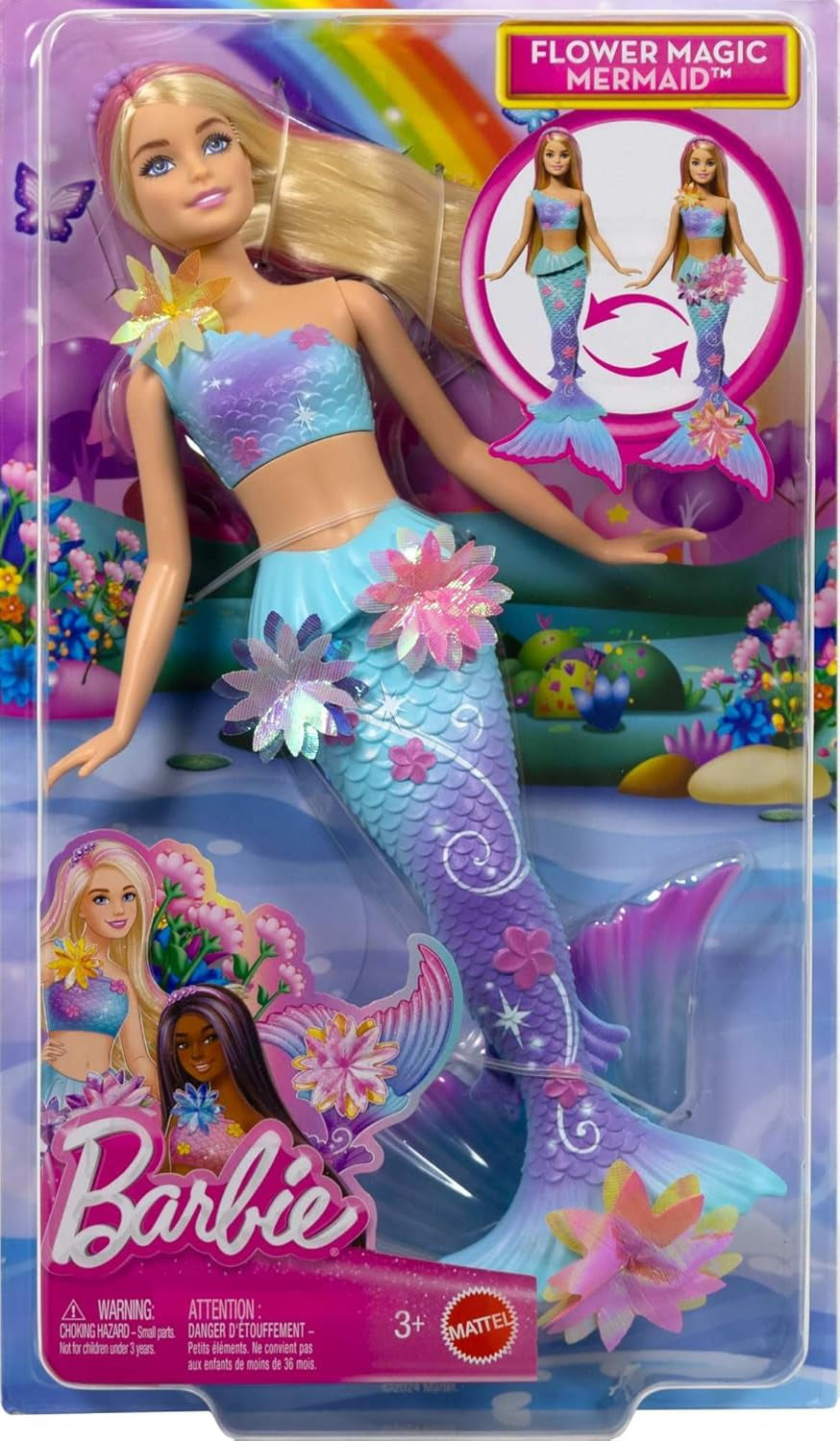 Barbie Meerjungfrauen-Spielzeug Puppe mit magischer Überraschungs Blüte, Schwanzflosse mit Farbverlauf, perlenbesetzten Haarreif og lange blonde Haar med rosa Strehchen, JDM72