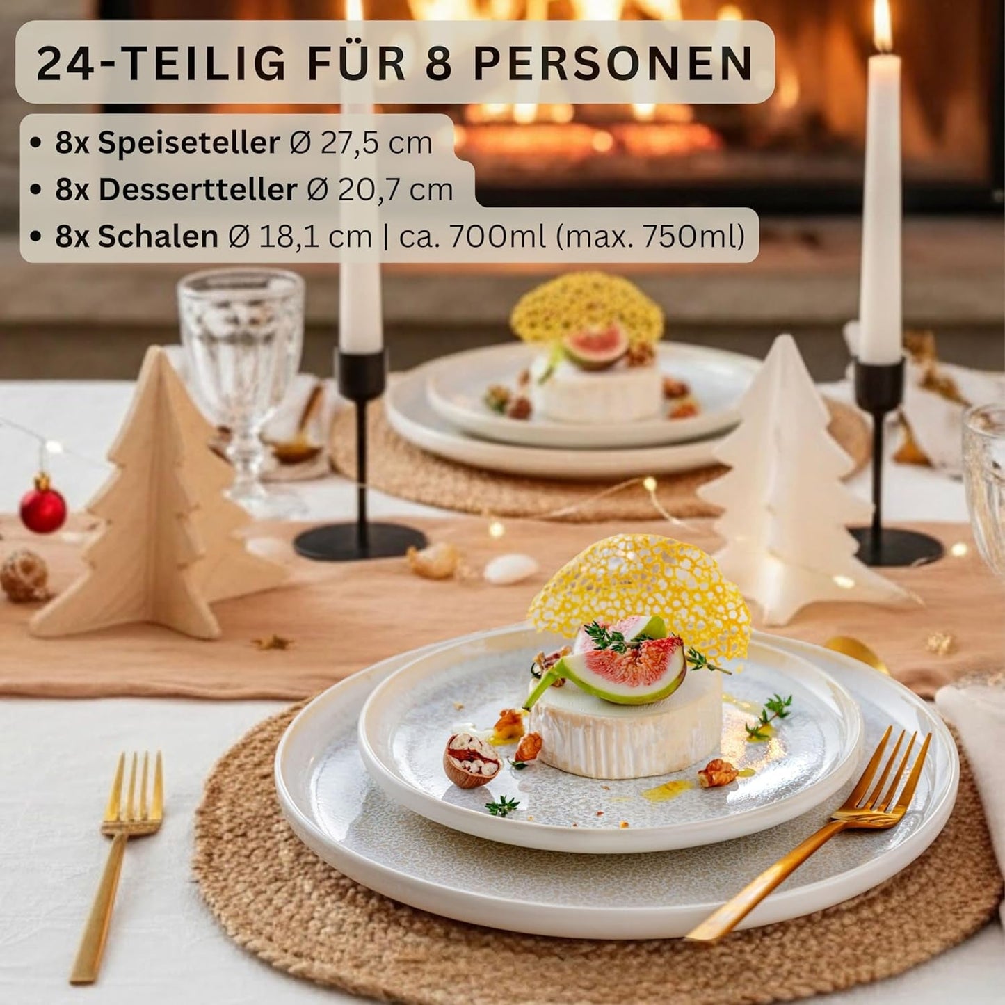 SANGER | 24-Styks Corfu Spisestel Middagsservice til 8 Håndlavet keramisk Spisesæt Inkl. middagstallerkener Desserttallerkener og Suma-tallerkener Creme-servise med sandet tekstur