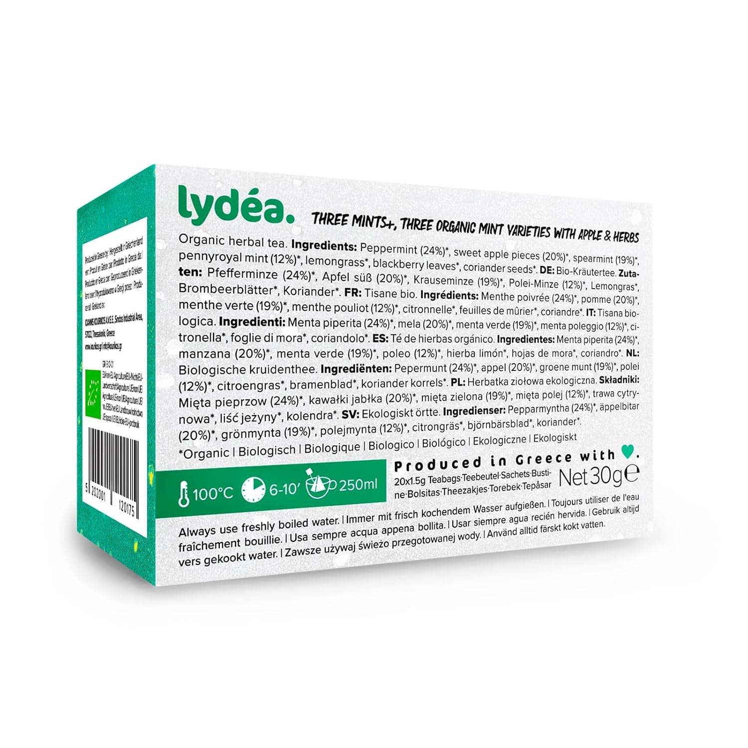 Lydea Three Mints+ økologisk urtete med tre sortimenter af mynte, æbler og urter, 60 pyramider, 3 pakke [3 x 20 pyramider]