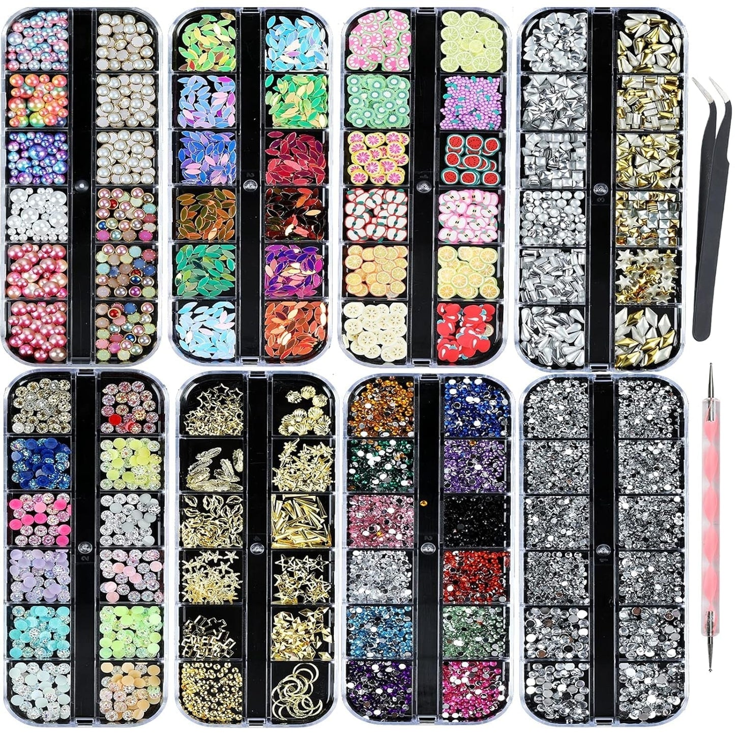 8 Boxen Nail Art Strass Kit - Nail Art Gemischt Strass Set, Nagel Kunst Strasssteine ​​Gems Perlen Edelsteine ​​Bunt Pferdeaugen Strass Für Nageldesign Zubehör Mit 1 Pinzetten Und 1 Strass Picker Für DIY