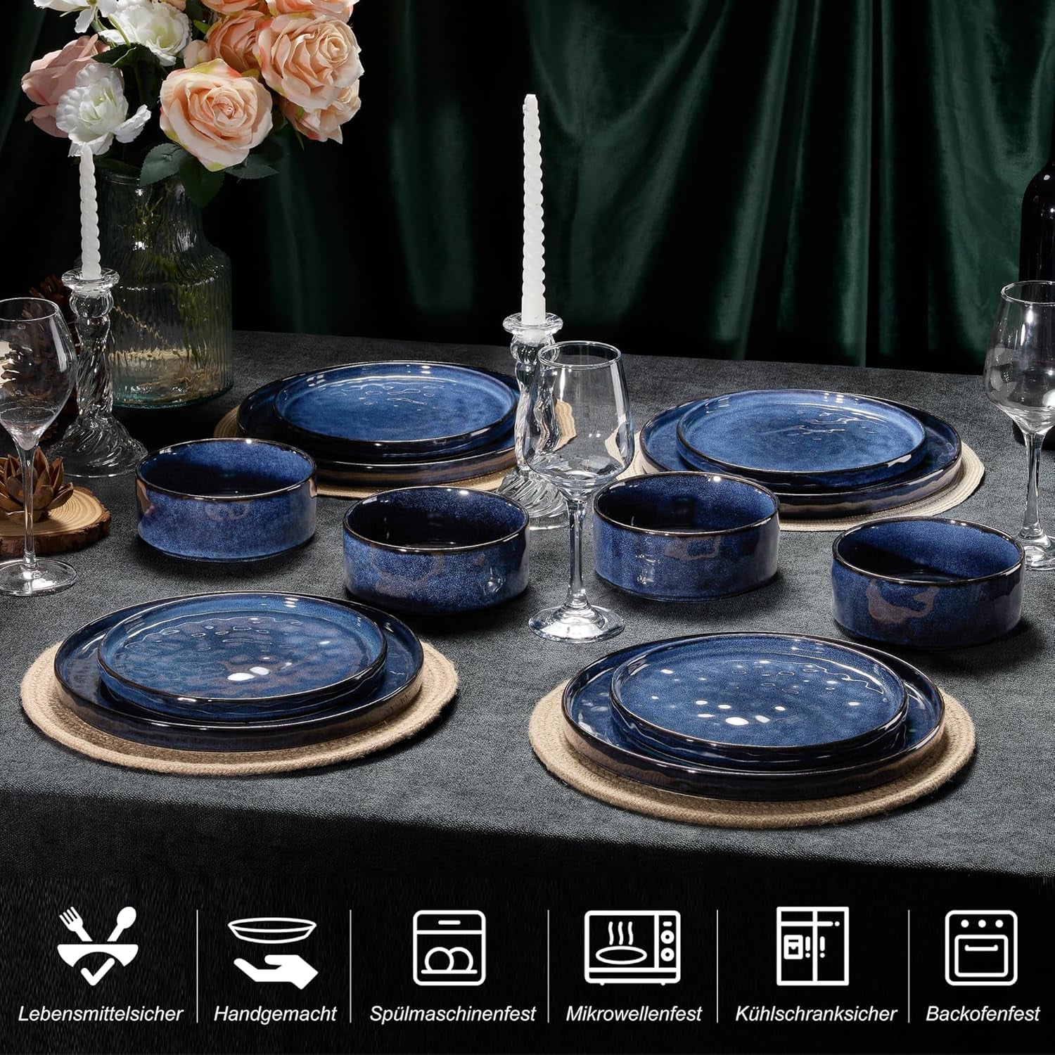 Homikit porcelænssæt, 12-delt porcelænssæt til 4, middagsservicekombination med tallerkener, desserttallerkener og kornskåle, tåler mikroovn og opvaskemaskine, elegant blå