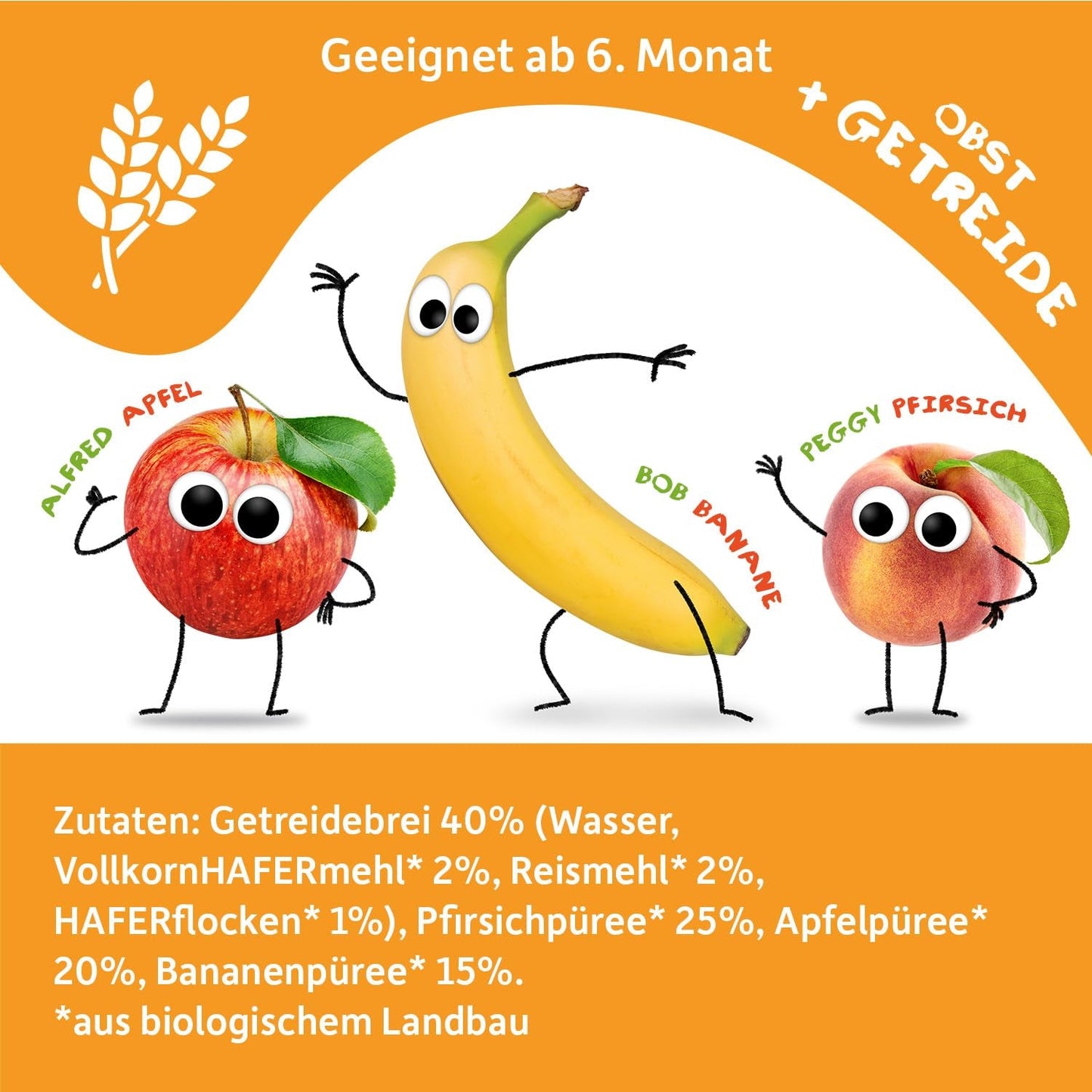 FRECHE FREUNDE Fersken Æble Banan Havre Økologisk frugtpuré med korn i en pose, der kan presses til babyer 6 måneder+ Vegan 6 Pack (6 x 100 g)