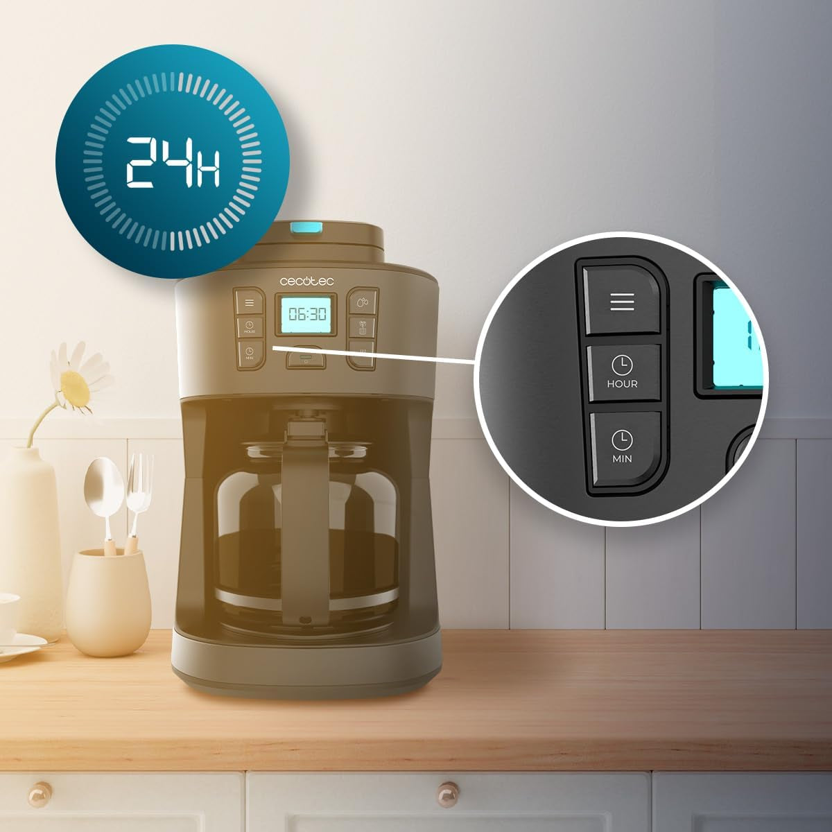Cecotec Coffee 66 Grind & Drop Essential dryp kaffemaskine. 1086 W, Klingesliber, Op til 12 kopper, Ekstrem Aroma-teknologi, Digital, Rustfrit Stål, Auto-Sluk.